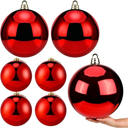 6 Pcs Extra Large Christmas Ball Ornaments 2 Pcs 12 Inch 4 Pcs 6 Inch Hanging Ball Oversized Huge Big Shatterproof Christmas Plastic Ball Ornament Decor for Outside Lawn Yard Xmas Tree(Red)