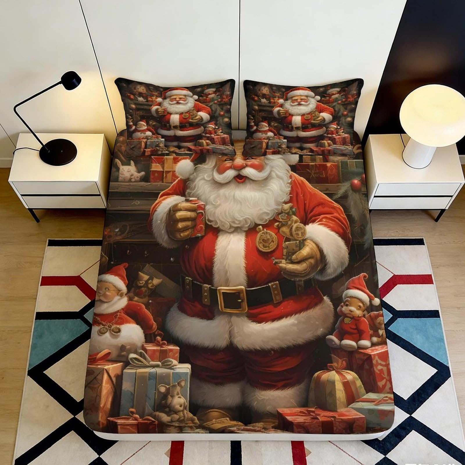 Uynsixtme Style-6 3D Printed Santa Claus Fitted Sheet Microfiber Deep Pocket Non-Slip Santa Mattress Fitted Cover Washable Bedding 140X200x25cm
