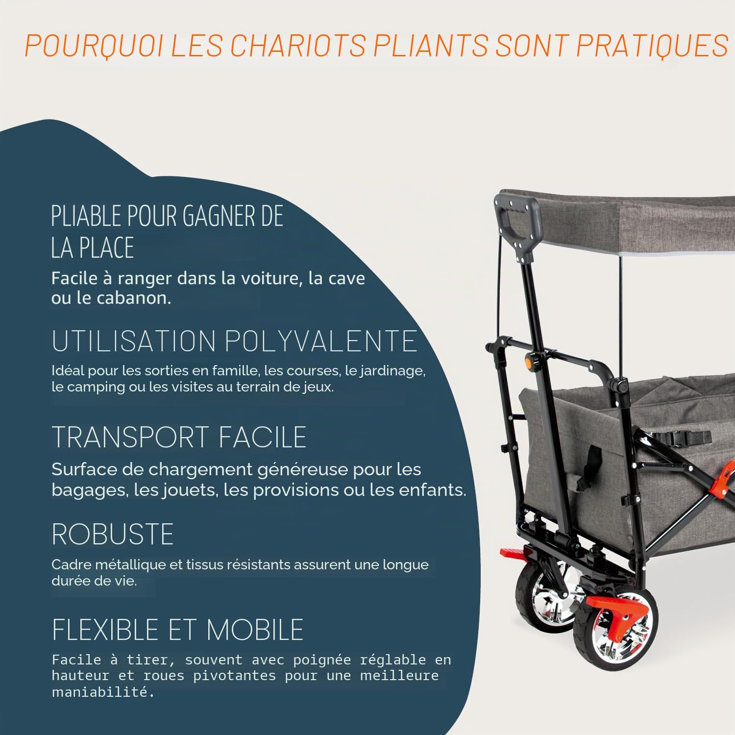 Poussette pliante "AddPlus" avec frein, gris chiné, Charge maximale 80 kg, Homologuée pour le transport d'enfants, Toit solaire inclus, Rallonge de la surface de chargement relevable et amovible