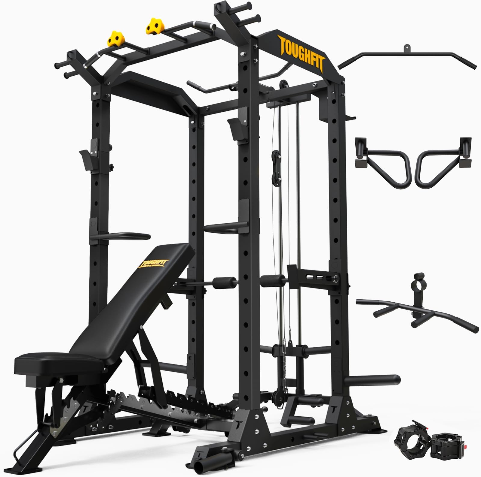 2024 Upgraded T2 Power Cage Muti-Function Power Rack with LAT Pulldown System Squat Rack with Weights and Bar Set for Home Gym with Unique Training Attachment