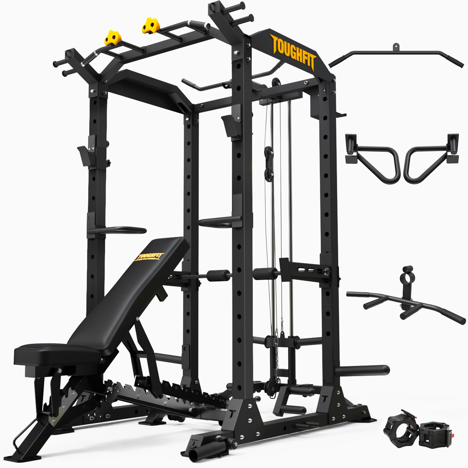 2024 Upgraded T2 Power Cage Muti-Function Power Rack with LAT Pulldown System Squat Rack with Weights and Bar Set for Home Gym with Unique Training Attachment