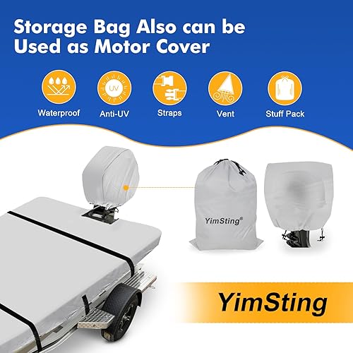 Miniatura 5 de Jon - Funda para barco de 14 pies, 600D resistente al agua, remolcable de 14 pies con cubierta de motor, lona de grado marino, color gris