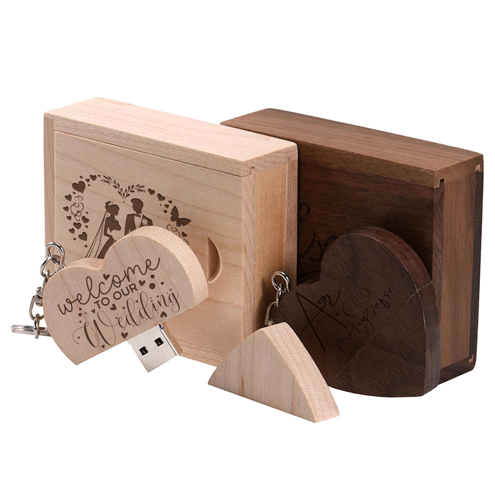Niestandardowy drewniany pendrive USB w kształcie serca, 32 GB, z drewnianym pudełkiem, 50 szt., spersonalizowane logo, grawerowany drewniany pendrive, hurtowa pamięć na prezenty firmowe, wesela
