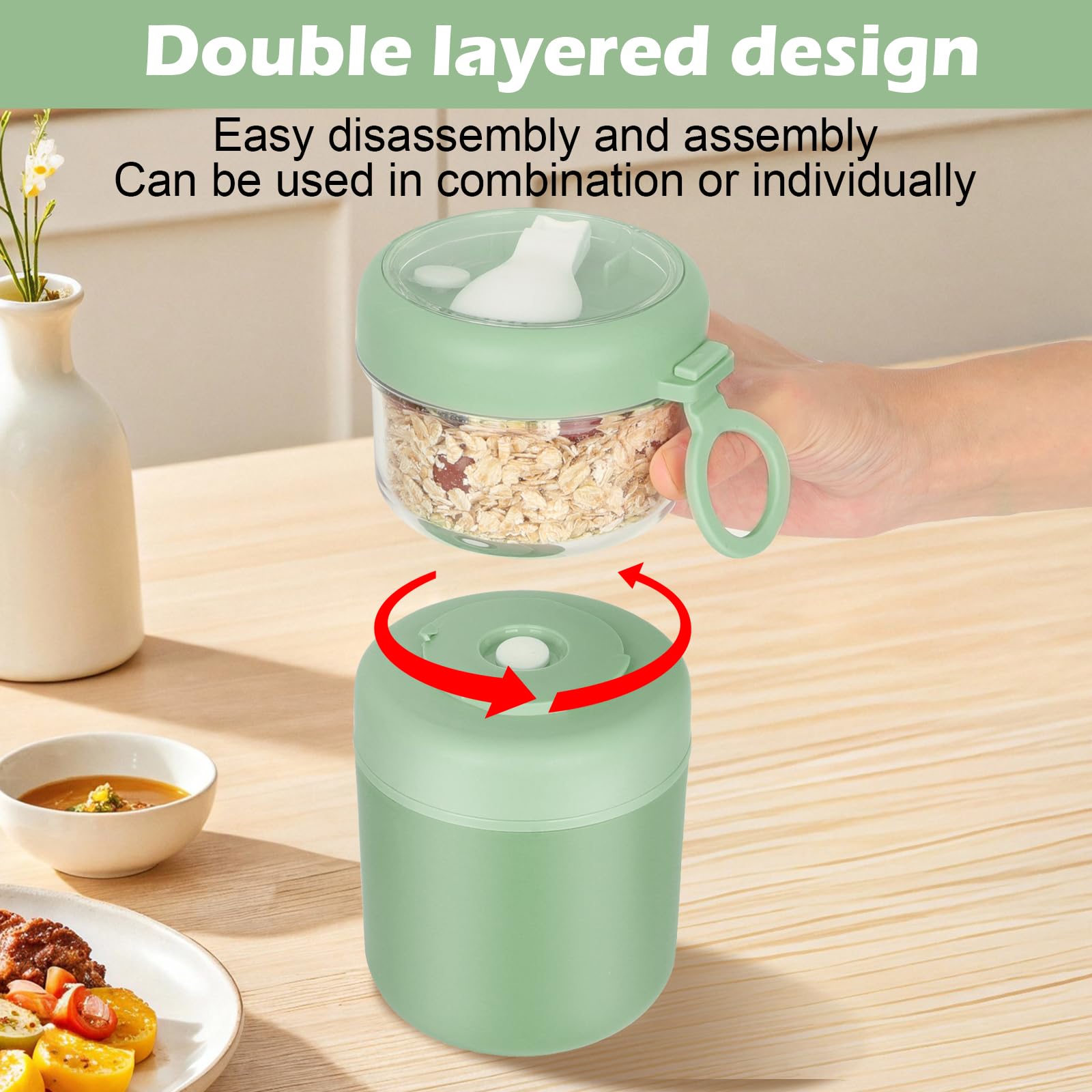 Grande Contenitore in Acciaio Inox per Cereali da Asporto, Tazza per Yogurt 530 ml + 330 ml Contenitore Porta Cereali Anti-Perdita Porta Pranzo Tazza per Yogurt Insalata Riso Avena (Verde)