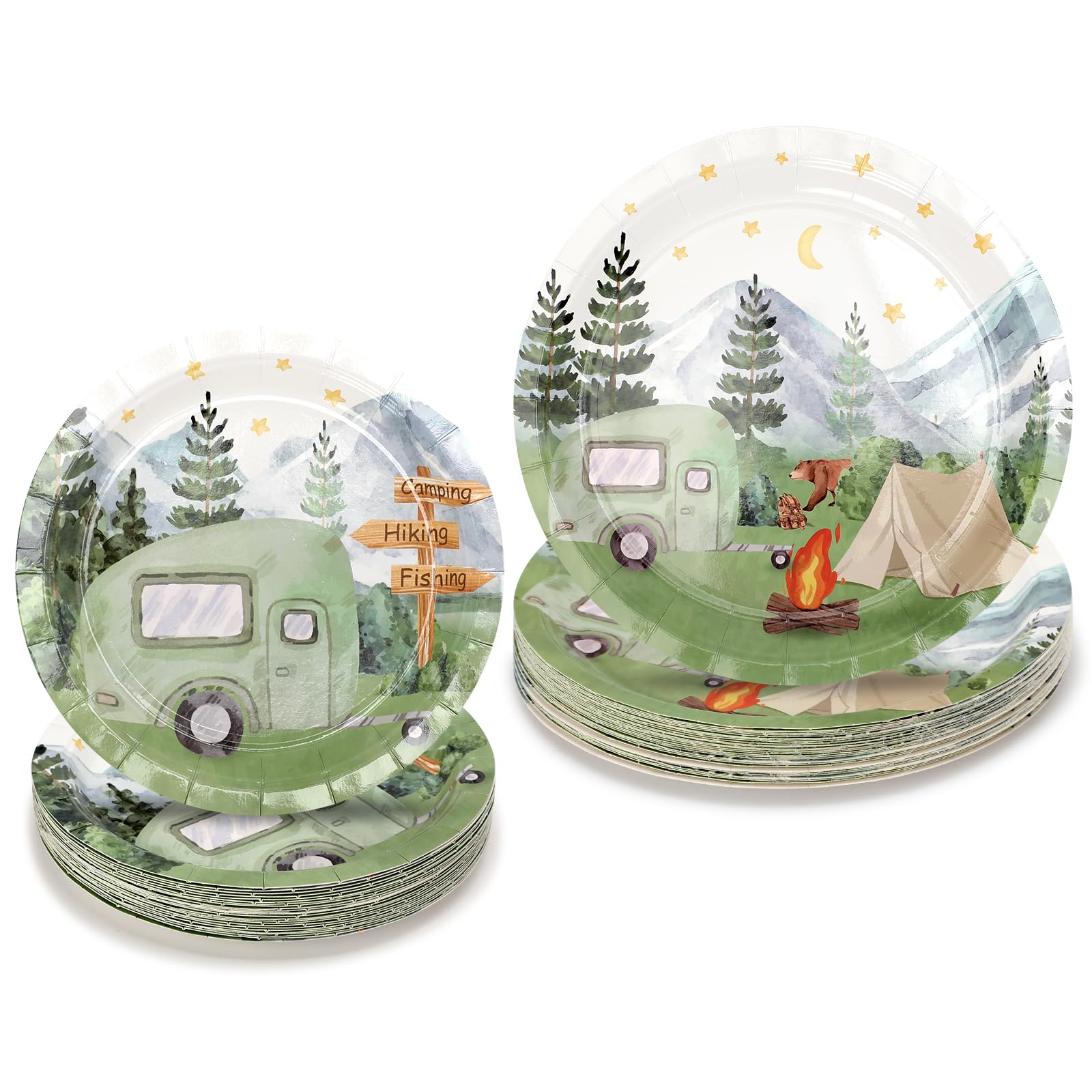 Nefelibata 50 pcs One Happy Camper Disposable Paper Plates with Sage Green Camp Van Camping Birthday Favors Bachelorette Happy Camper for Boys Girls Outdoor Party Table Food Tray