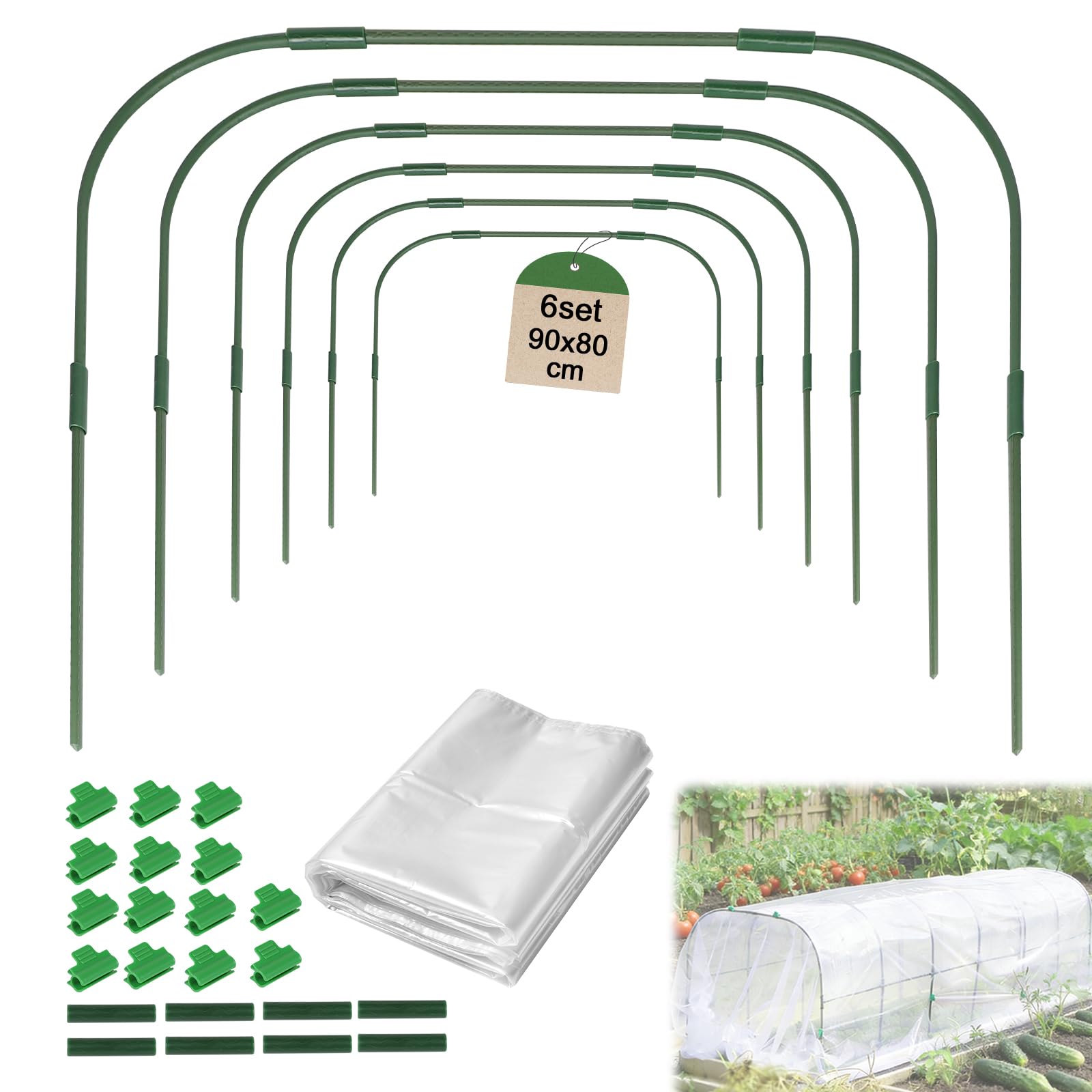 EXLECO 6Pcs Archi per Serra Orto Tunnel 80x90cm per Piante con Clips e PE Protettivo Cerchi da Giardino per Serra Coperture a Tunnel Cerchi per Serre Tunnel per Piante da Giardino per Copertura Frutta