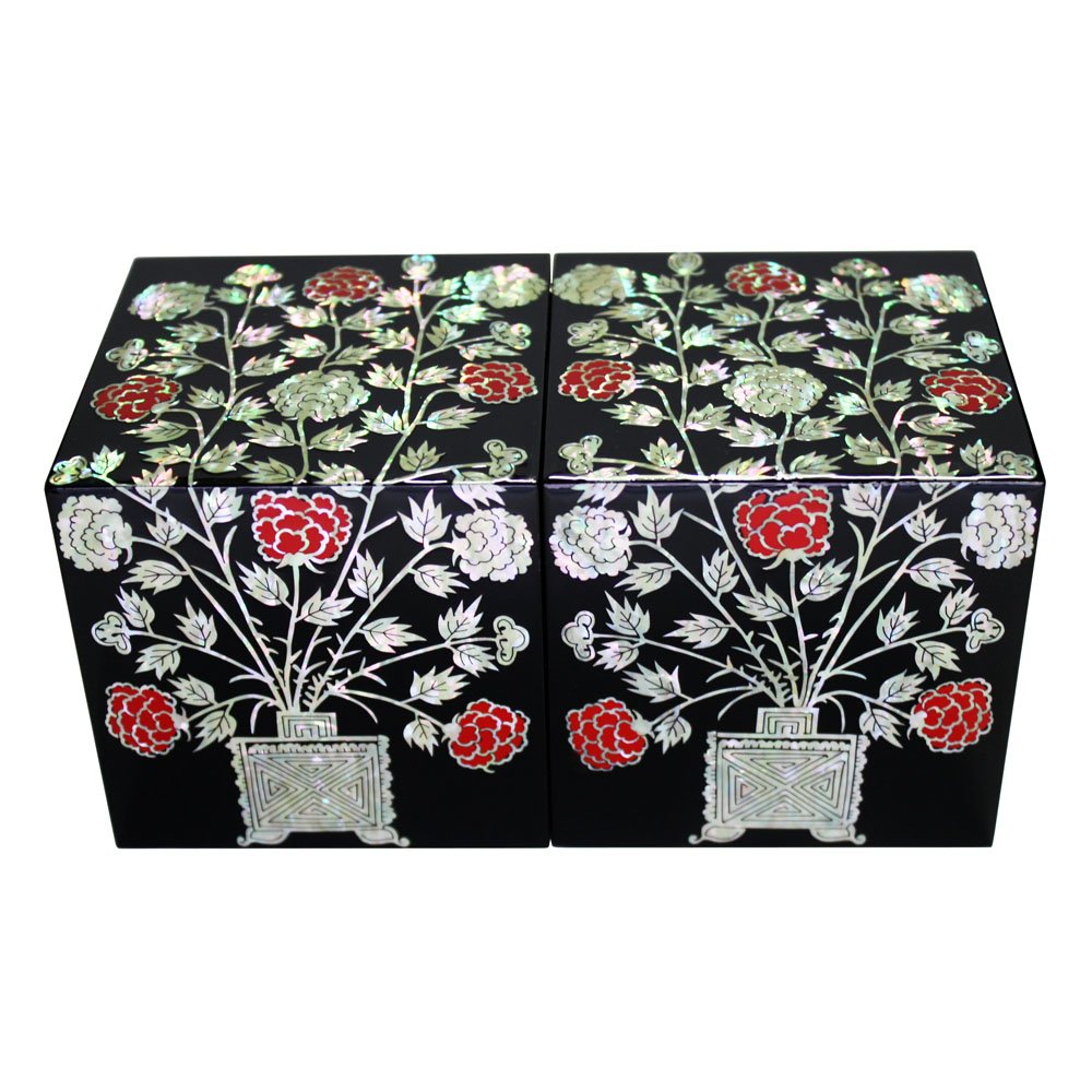 Antique AliveAntique Alive Mother of Pearl Lacquer Wooden Black Korean Peony Flower Magnetic Closure Jewelry Case Trinket Keepsake Treasure Gift Box Organizer Holder