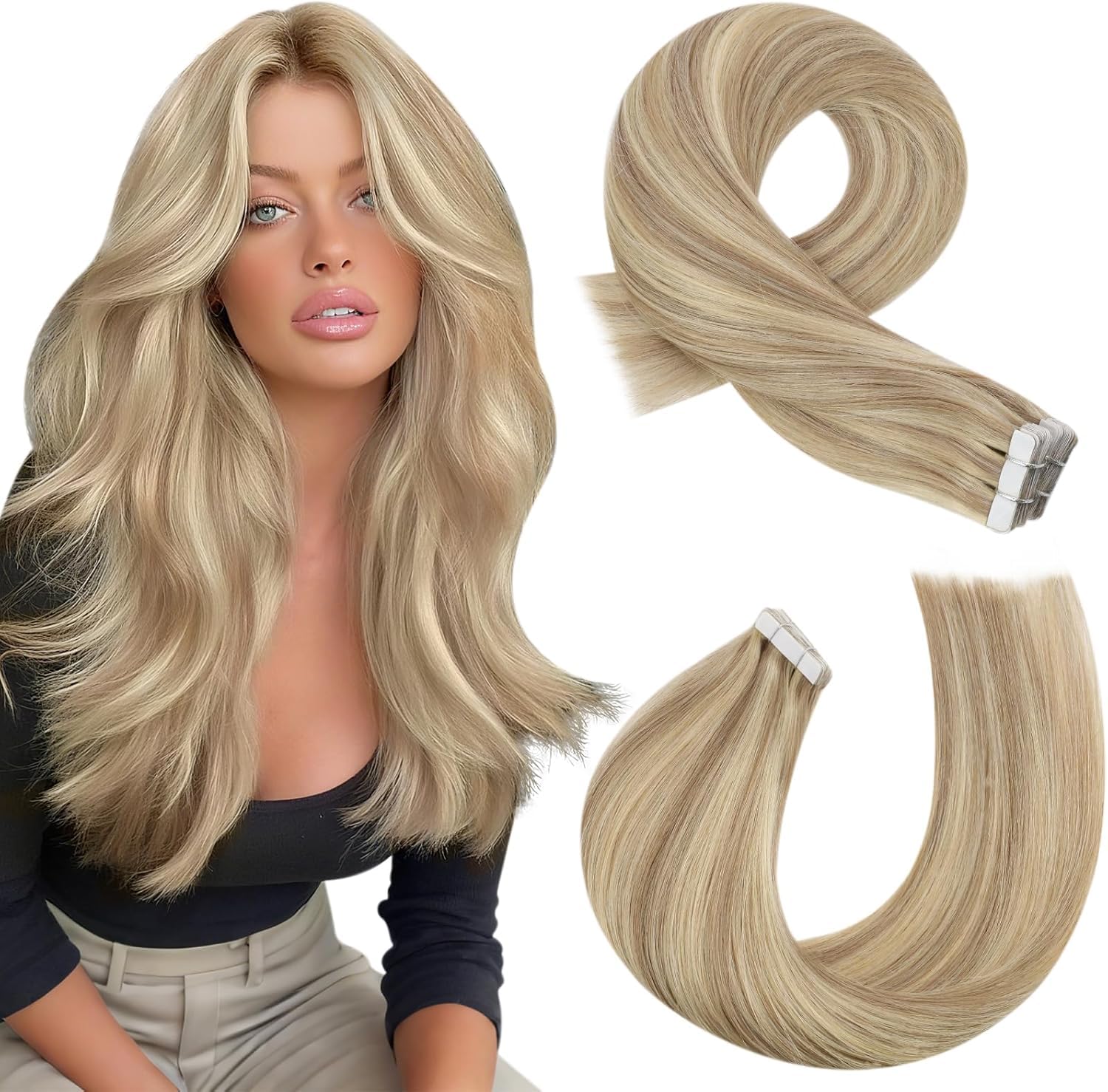 Moresoo Echthaar Extensions Tape Invisivle Tape in Extensions Echthaar Blond Haarverlängerung Echthaar Tapes Goldblond mit Mittelblond Unsichtbare Extensions Echthaar Tape 35 cm 20 Stück 50g #P16/22