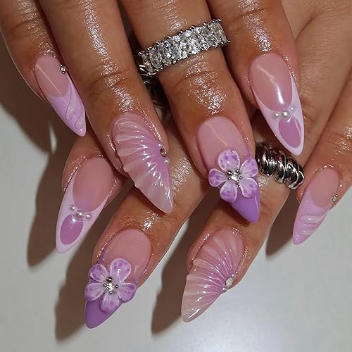 Purple Flower Press on Nails Medium Almond, 3D Spring Summer