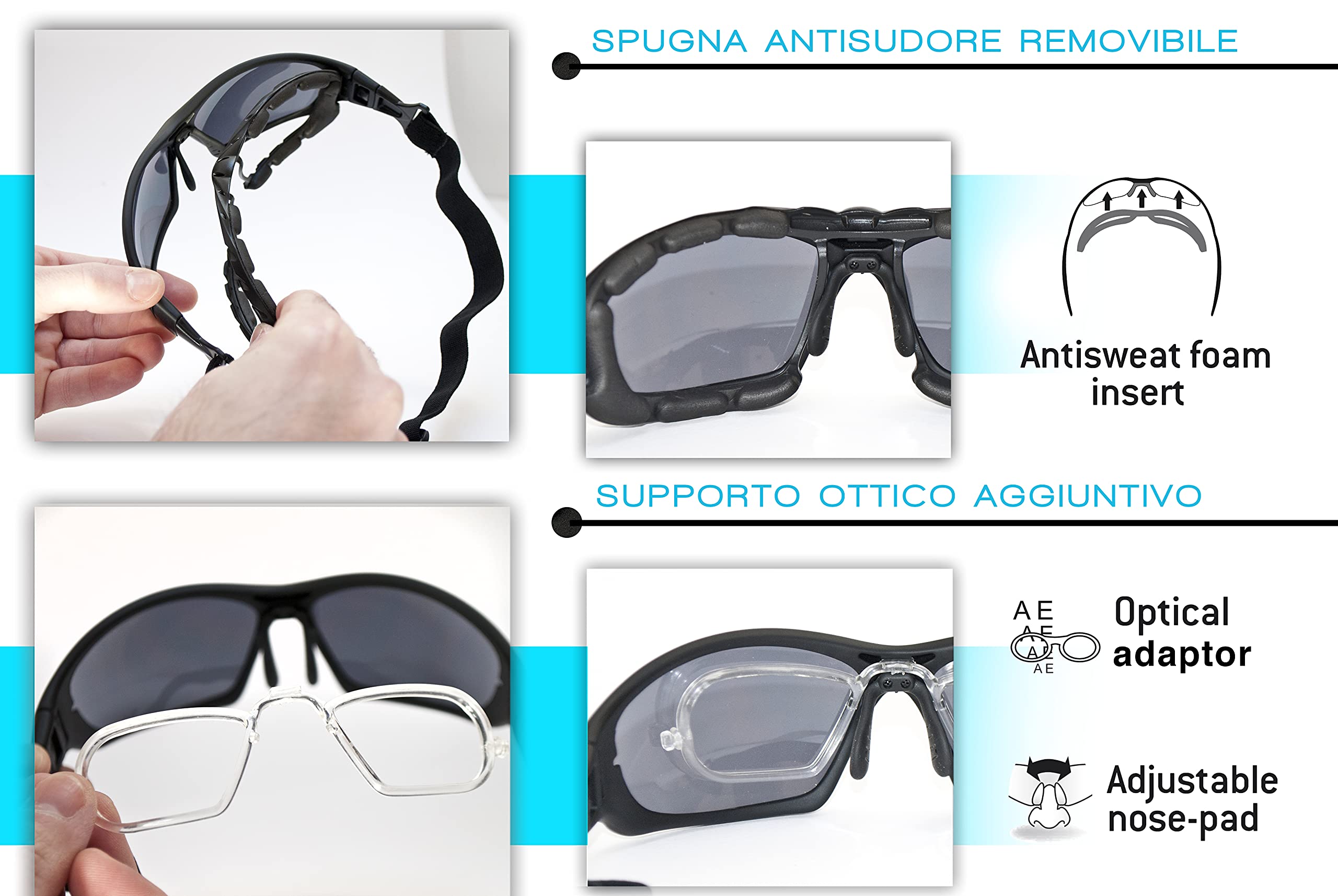 BERTONI Gafas Moto Fotocromaticas Polarizadas con Clip Óptico Para Lentes Correctivas y Patillas Sustituibles con Banda Elastica Mod. 366