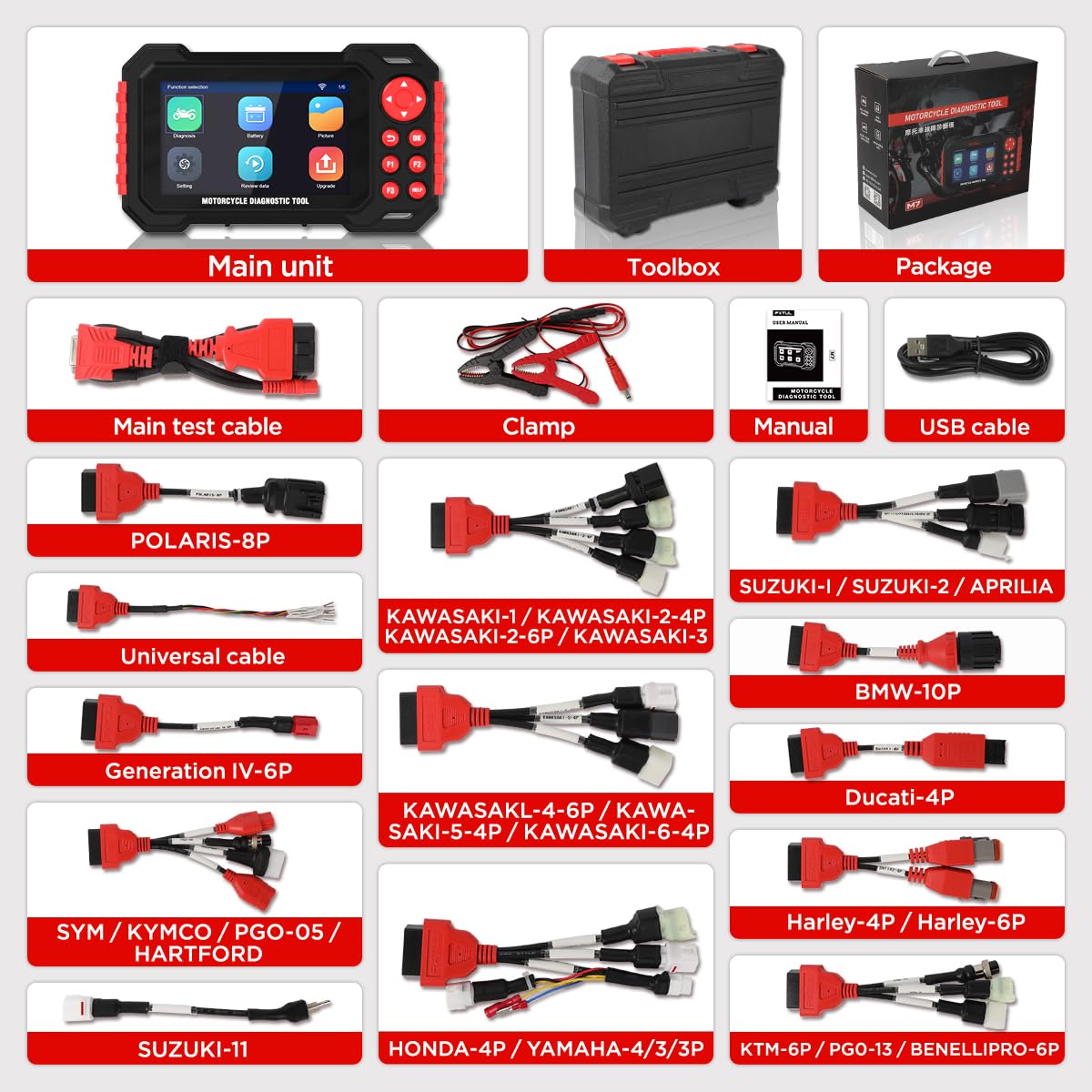 Outil de Diagnostic Scanner Moto M7, Lecteur de Codes OBDII Moto pour Système ABS avec Scan Automatique & Détection Instantanée VIN pour Honda Harley 70+ Marques 100 Fonctions de Service