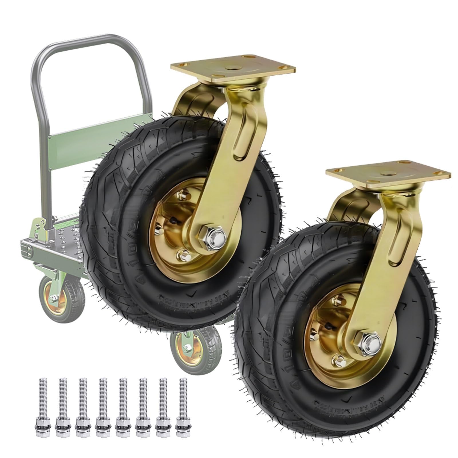 WORDFUN 2 Rubber Casters, 8" 10" Replacement Wheel For Furniture DIY Workbench Trolley, Heavy Duty Industrial Casters, Pneumatic Swivel Caster, Puncture-Proof Wheel, Quiet - View #4