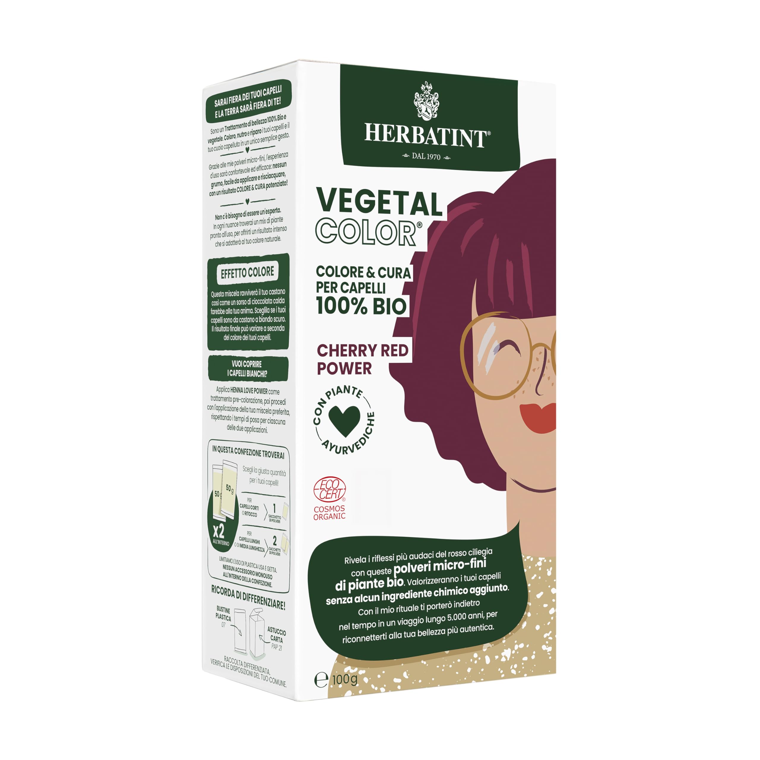 Herbatint Vegetal Color Cherry Red Power, Cereza | Coloración Vegetal para Cabello a base de Henna y Hierbas Ayurvédicas, 100% Natural y Orgánica - 100 Gramos