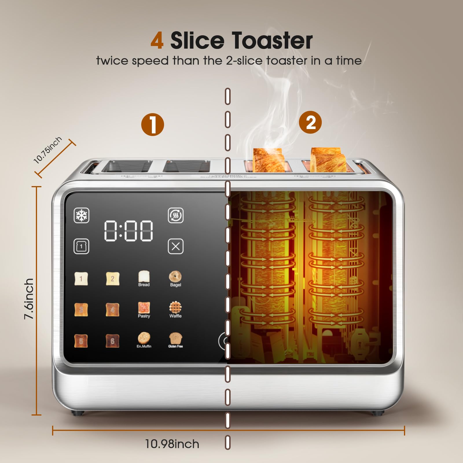 Smart Toaster 4 Slice with Dual Touchscreen & Independent Controls, 1800W Stainless Steel, Wide Slots for 6 Bread Types & Toast Settings,Single-Slice Modes, Defrost, Reheat