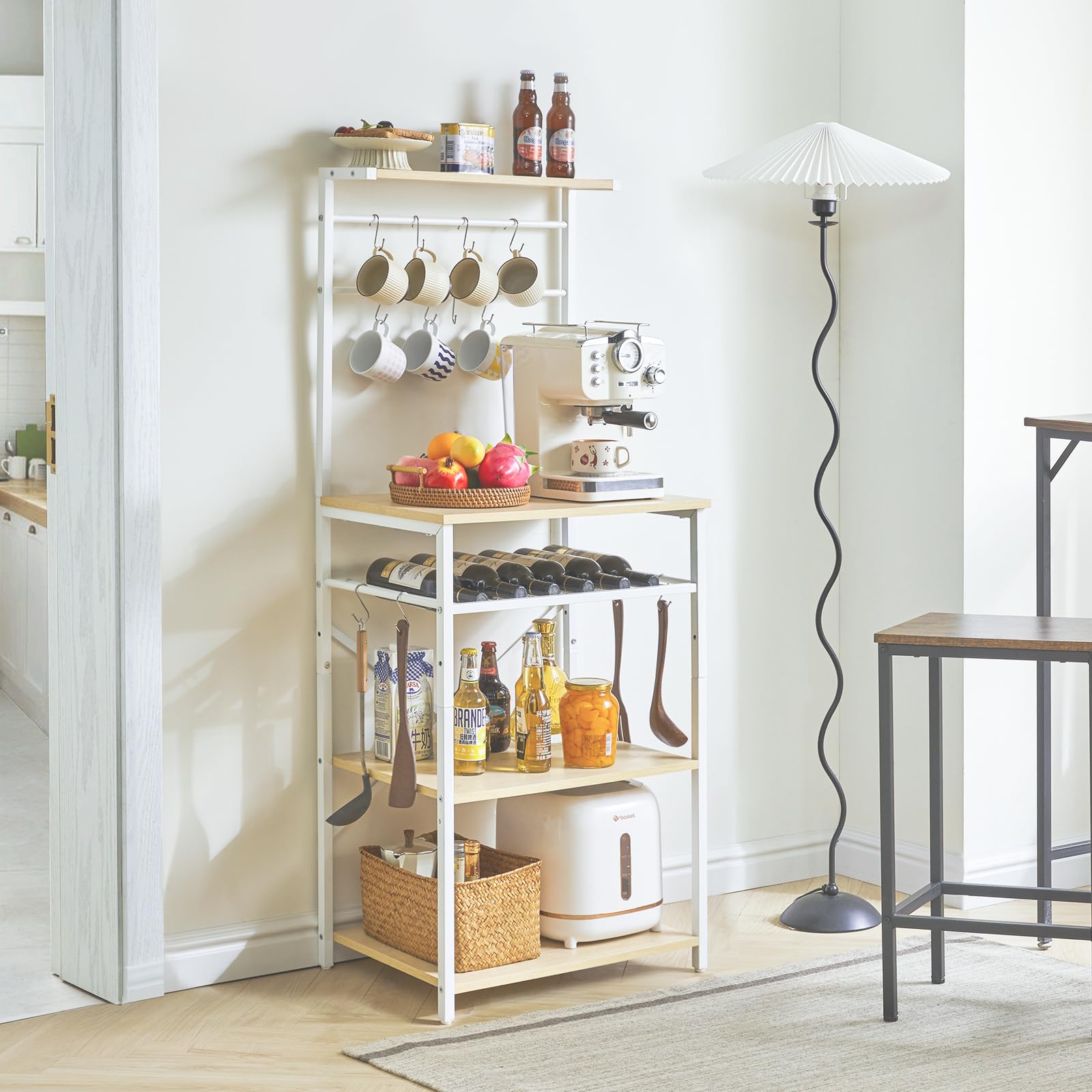 YMYNY Keukenbakkersrek, magnetronstandaard met opbergplanken, industrieel koffiebarstation, met verstelbare wijnhouders en 12 S-haken, metalen frame, zwart, 58 × 39 × 144 cm HBR003B