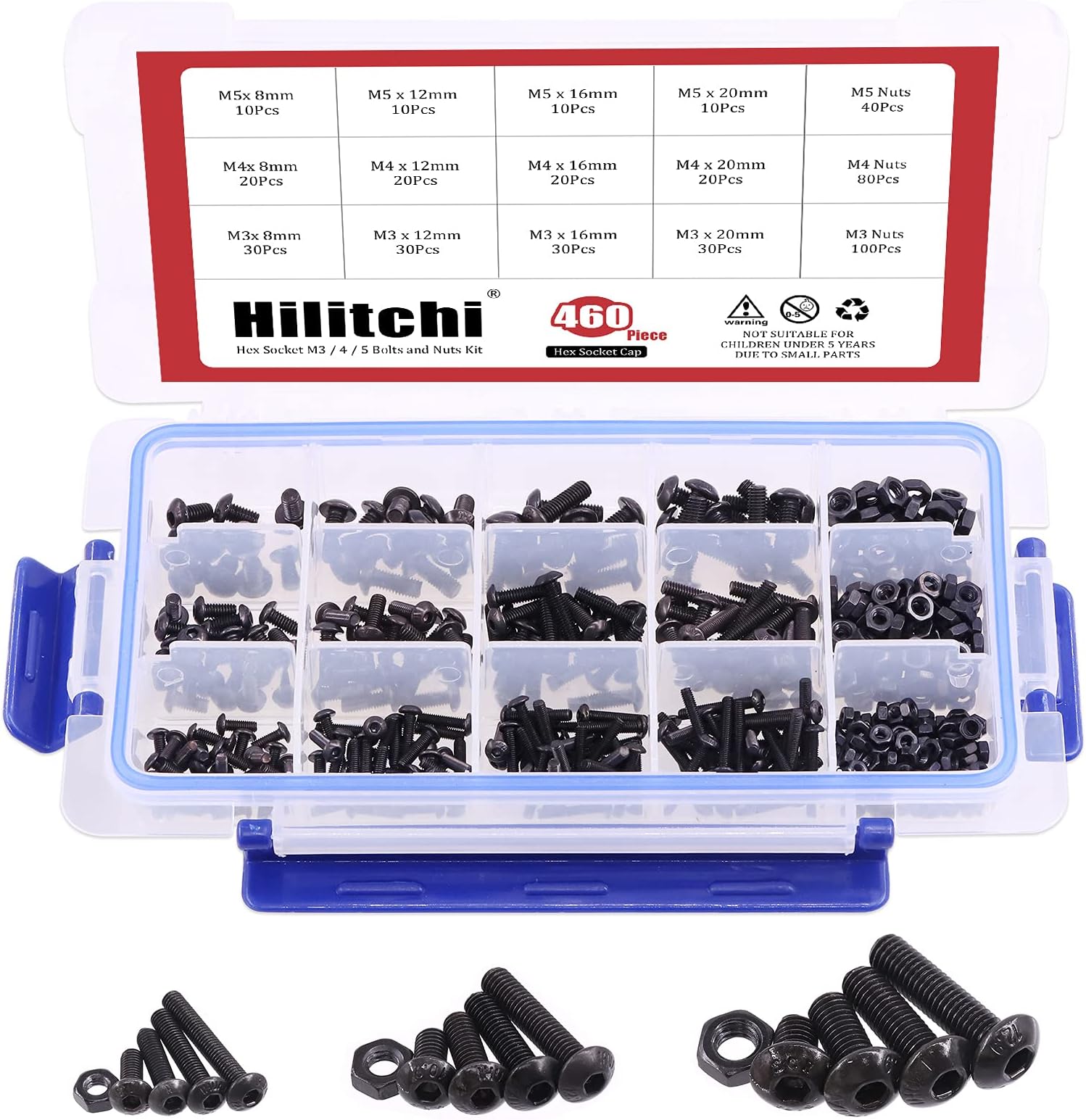Hilitchi 460-Pcs M3 M4 M5 Button Head Hex Socket Head Cap Bolts Screws Nuts Assortment Kit - 12.9 Grade Alloy Steel