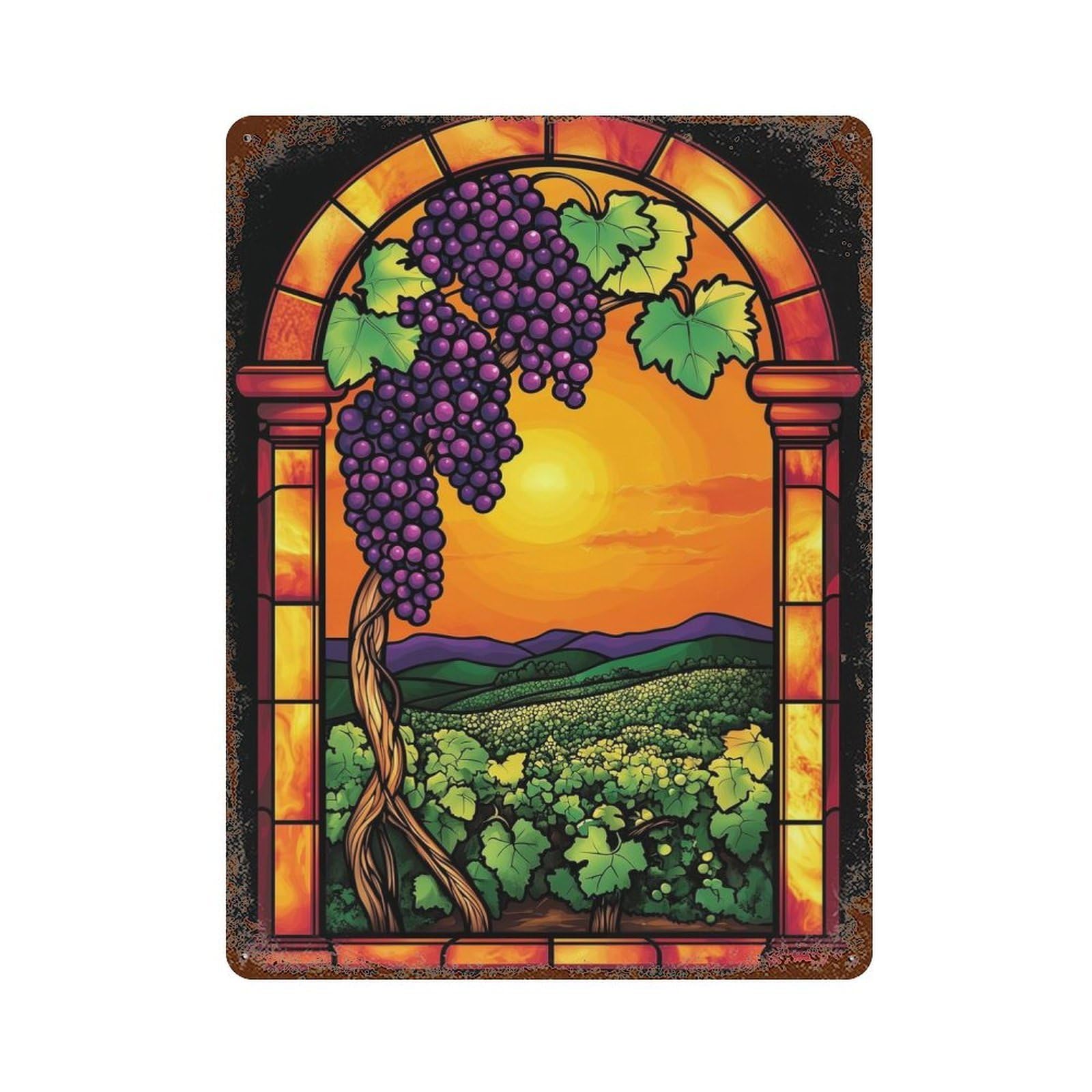 Aged Metal Wall Plaque with Vineyard Sunset Stained Glass Design 15.7"x11.8", for Basement, Hobby Room And Garage Decor, Farmhouse Wall Decor