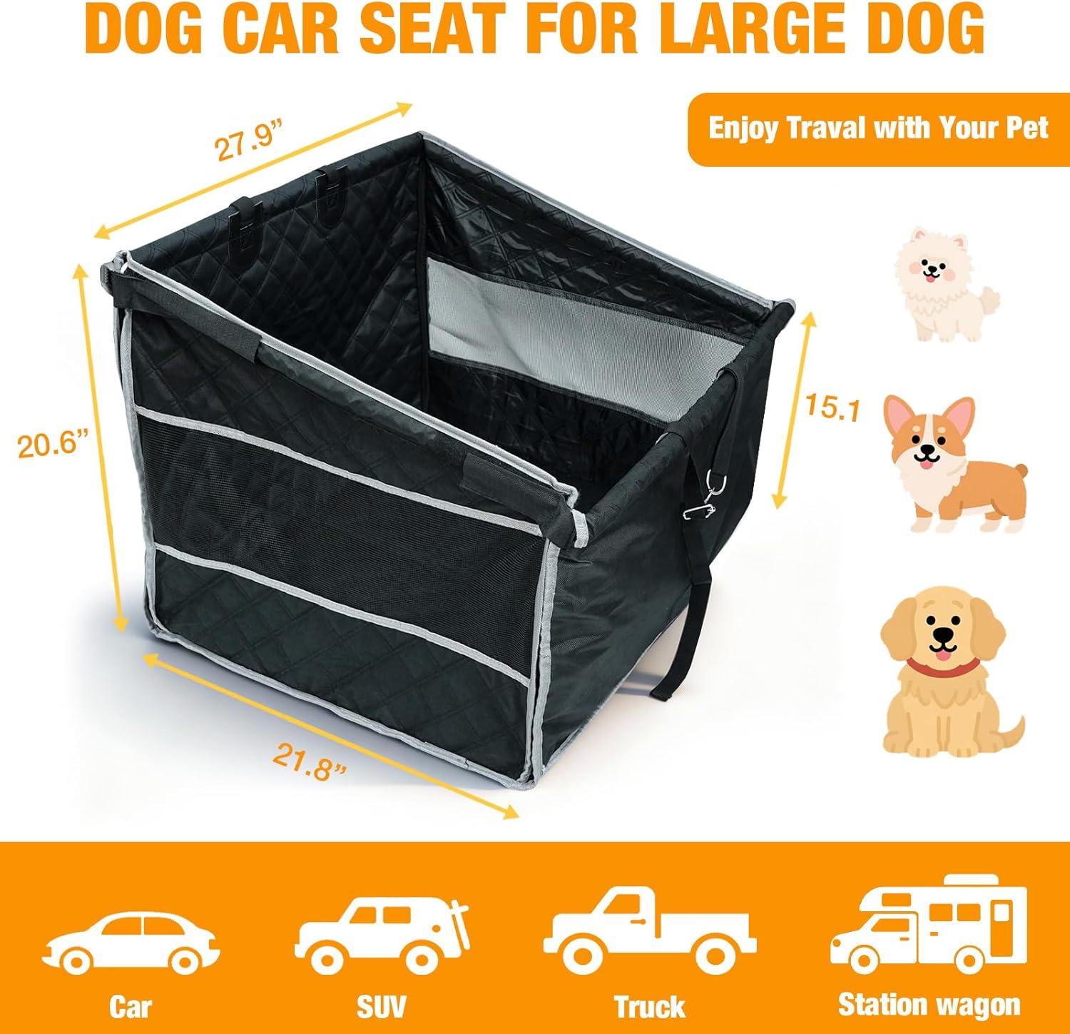 Ultimate Comfort: Dog Car Seat for Large Dogs with Mesh Windows & Support
