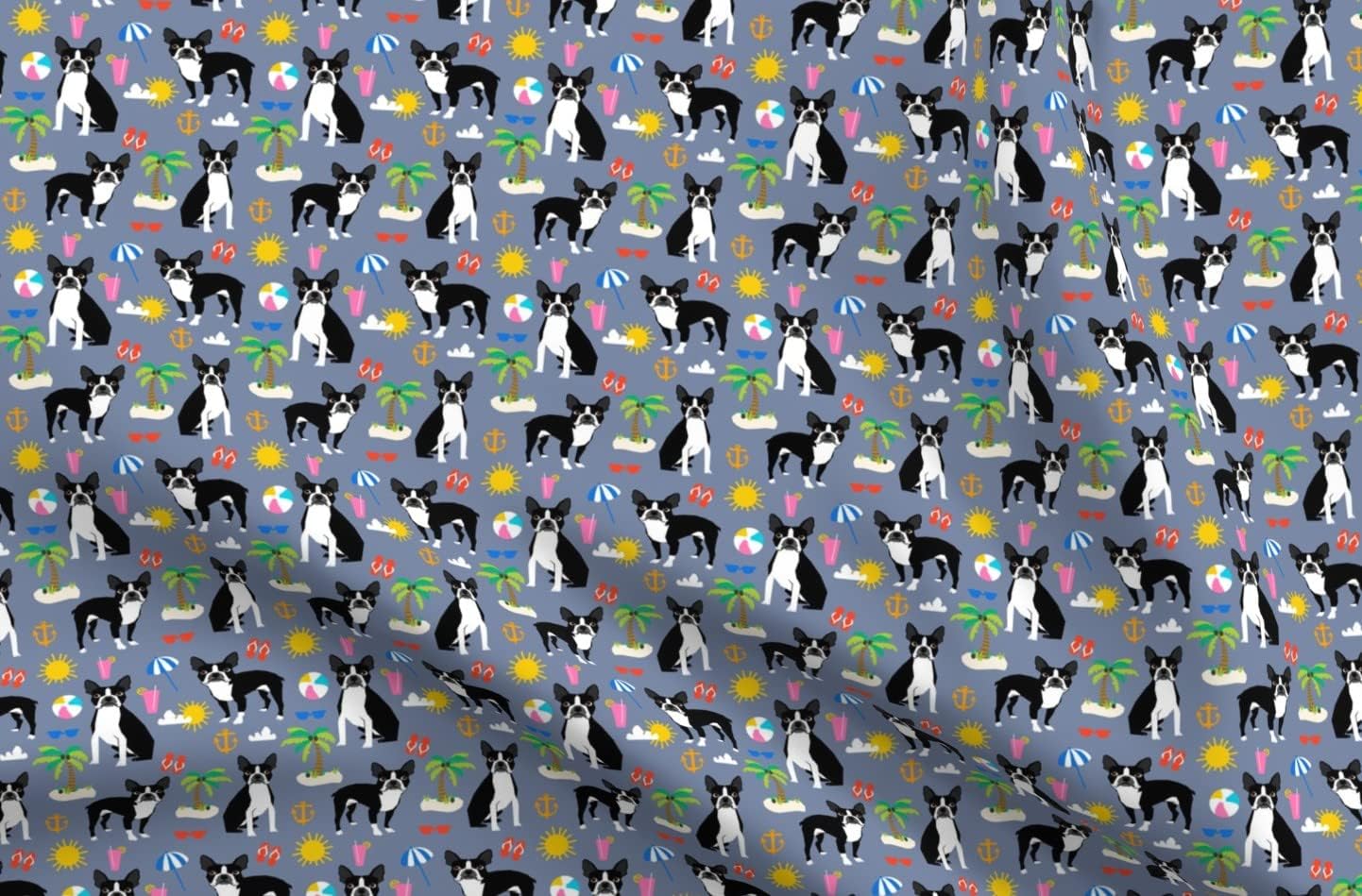 Spoonflower Fabric - Terrier Beach Fun Cute Summer Tropical Dog Terriers Printed on Organic Cotton Sateen Fabric by the Yard - Sewing Quilting Apparel Home Decor