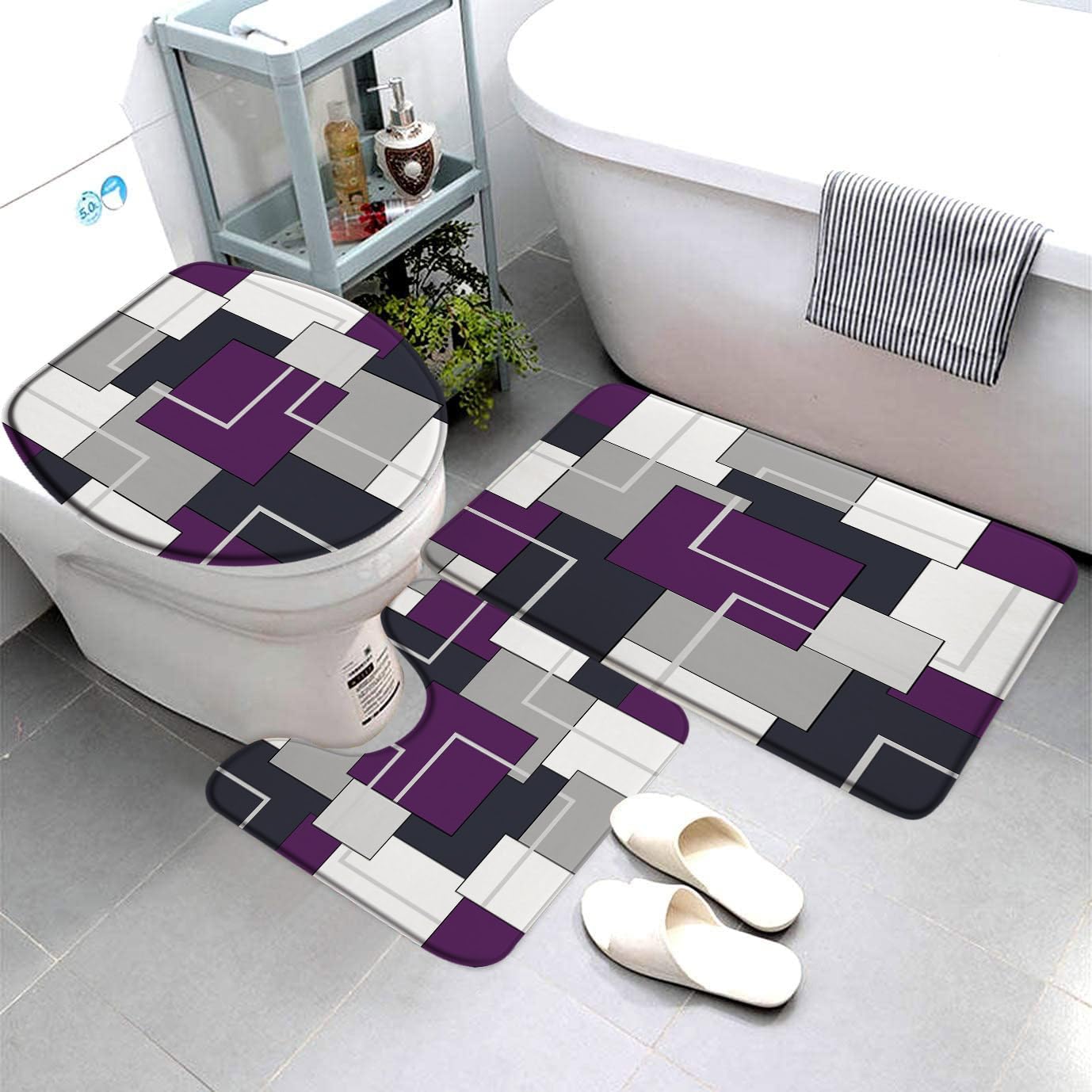 3 PCS Purple Bathroom Rugs Set Abstract Geometric Gray Black and White Geometry Mid Century Patchwork Contemporary Fashion Simple Bath Mat Toilet Lid