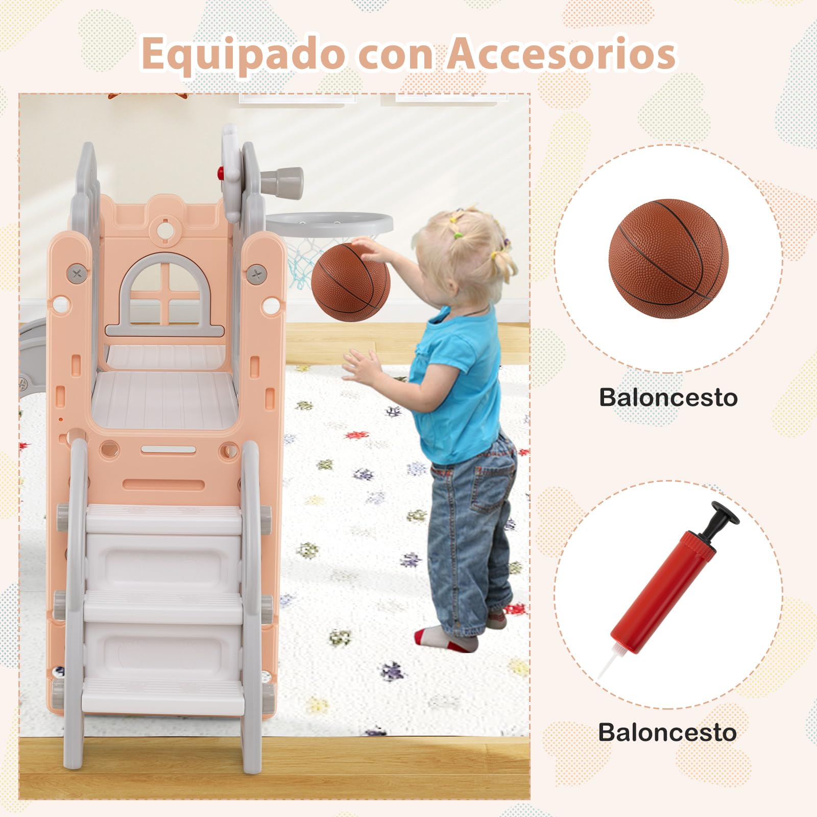 COSTWAY Tobogán Infantil 9 en 1, Juego con Tobogán y Escalera con Canasta de Baloncesto, Telescopio, Volante, Pasillo, Túnel y Espacio de Almacenamiento (Rosa y Gris)