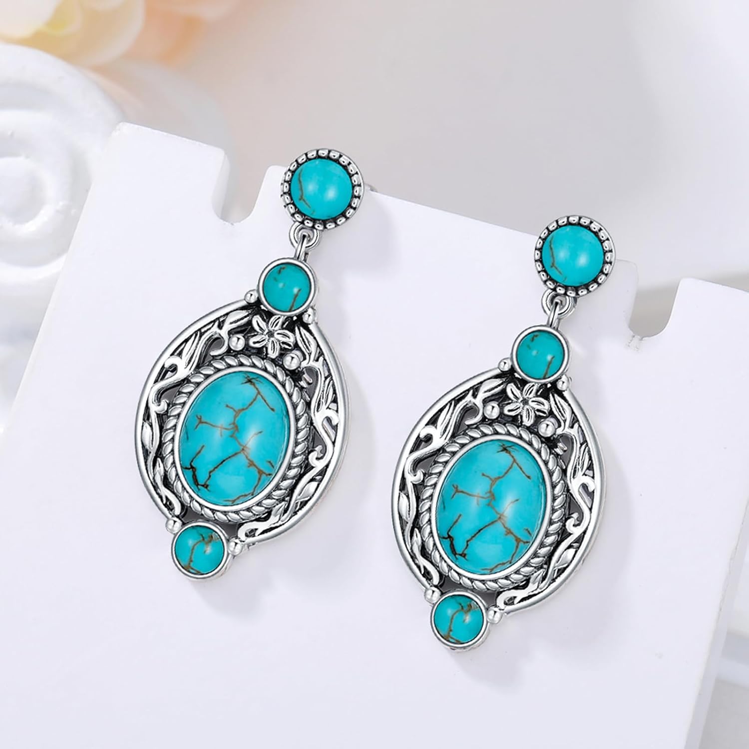 Genuine Turquoise Dangle Vintage Earrings, Sterling Silver Boho Native American Western Jewelry for Women - Image 6