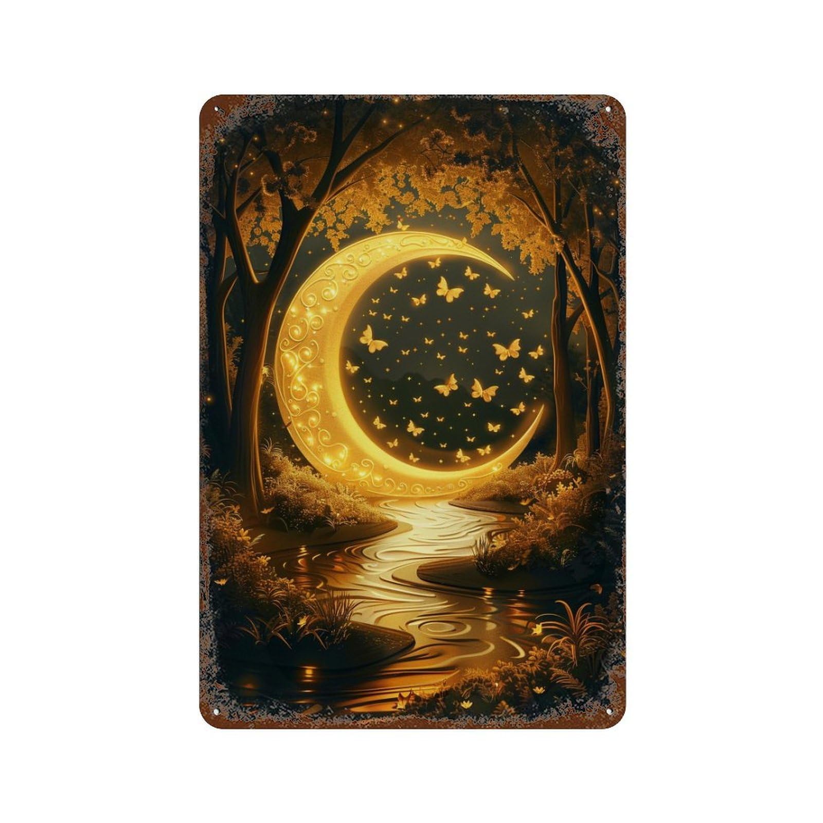Rustic Tin Plaque with Enchanted Forest Moon Portal Design 11.8"x7.9", for Pub, Kitchen And Man Cave Decor, Old School Wall Decor