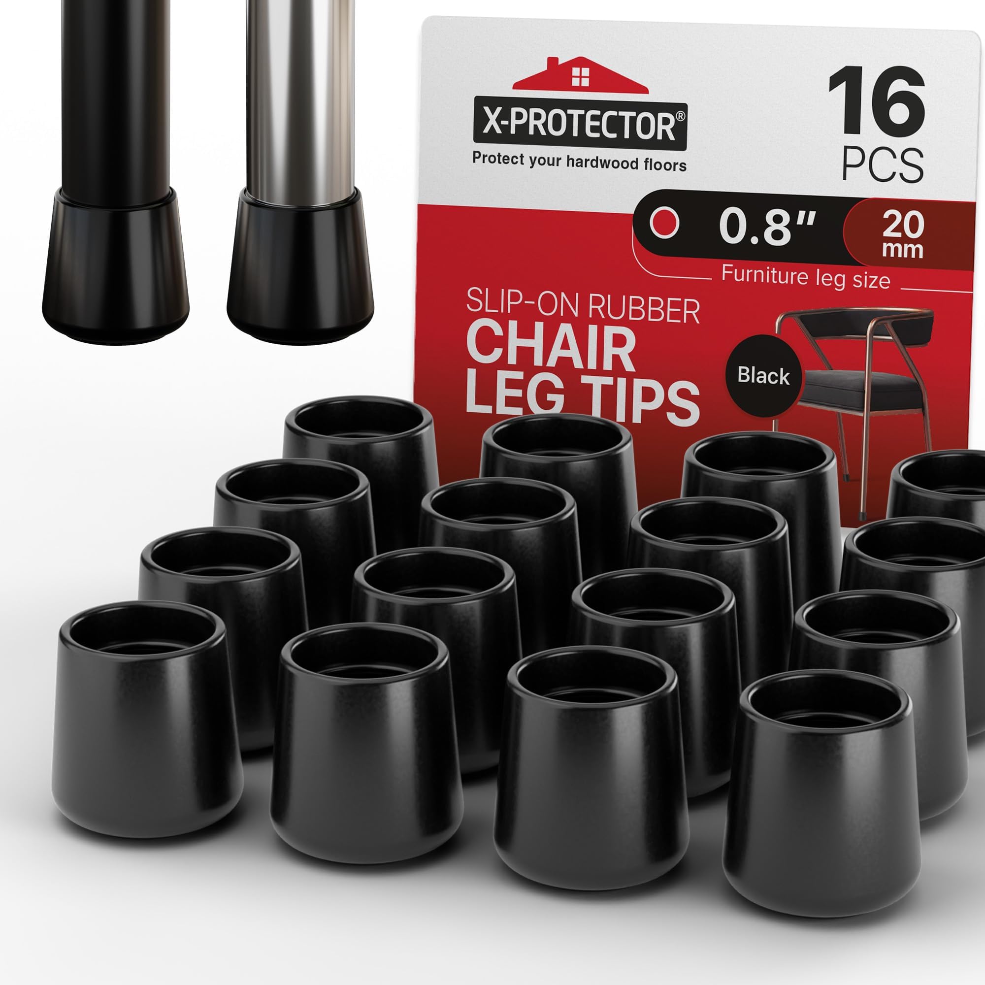 X-Protector Rubber Chair Leg Caps - 16 PCS 20mm / 0.8" - Non-Slip Furniture Feet - Black Chair Leg Covers - Non-Stretch Rubber End Caps - Keep Furniture in Place!