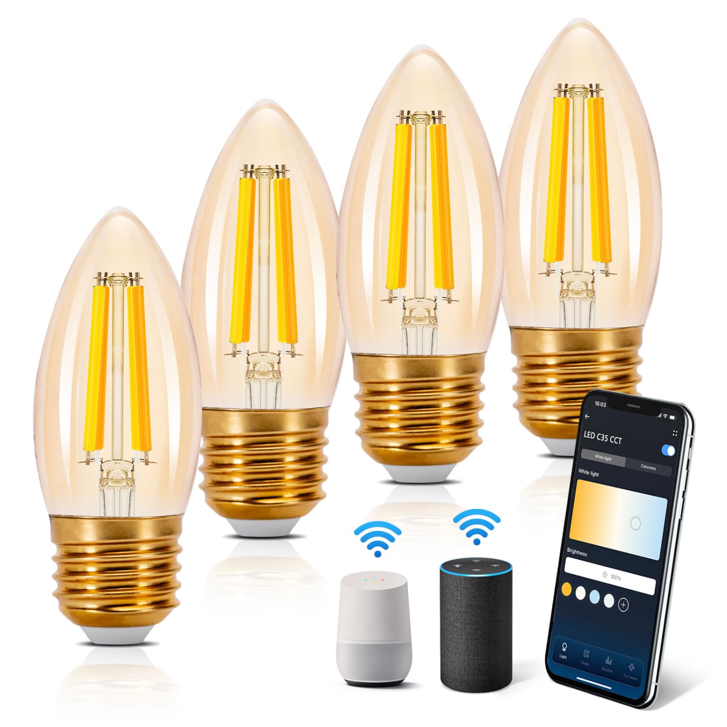 Aigostar Ampoule Connectée Alexa E27 4.5W Edison Ampoules Vintage WiFi C35 Ampoule Intelligent Retro, Compatible avec Alexa et Google Home, Dimmable 2700K-6500K, ambre 4 PCS