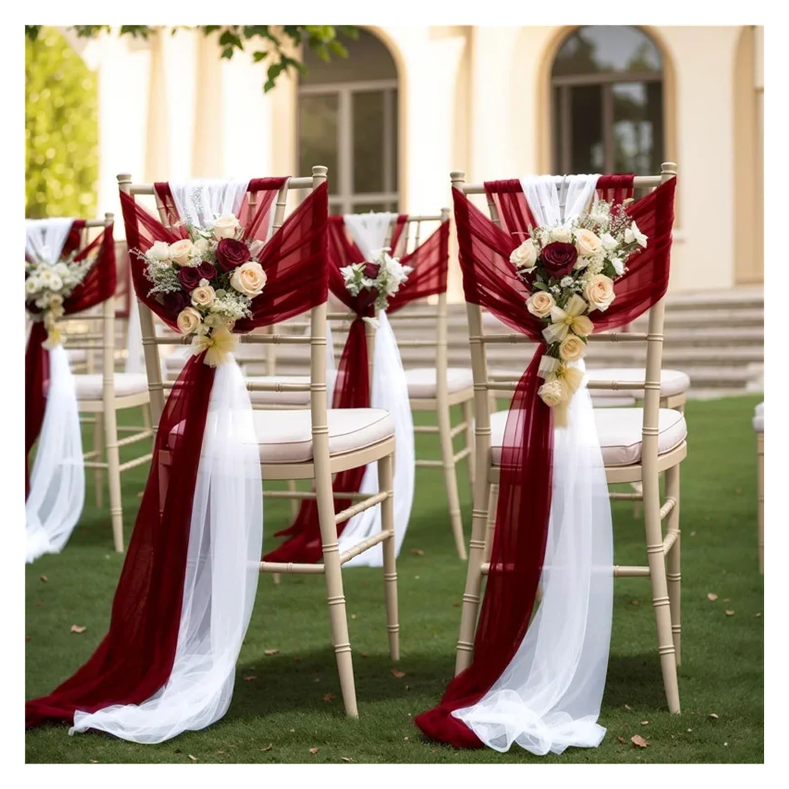 Stuhlschleifen 10/50 Stücke 17x250cm Shiny Chiffon Stuhl Schärpen Set Schärpe Gaze Hochzeit Stuhlhussen Band Hochzeit Party Gang Stuhl Dekoration(Wine Red Set,50pcs)