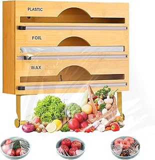 X spring Plastic Wrap Dispenser, 4 in 1 Wrap Dispenser with Cutter and Labels, Aluminum Foil and Wax Paper Dispenser, Wall Mount Bamboo Food Wrap Dispenser for Kitchen Storage (33× 21.7× 7.7cm)