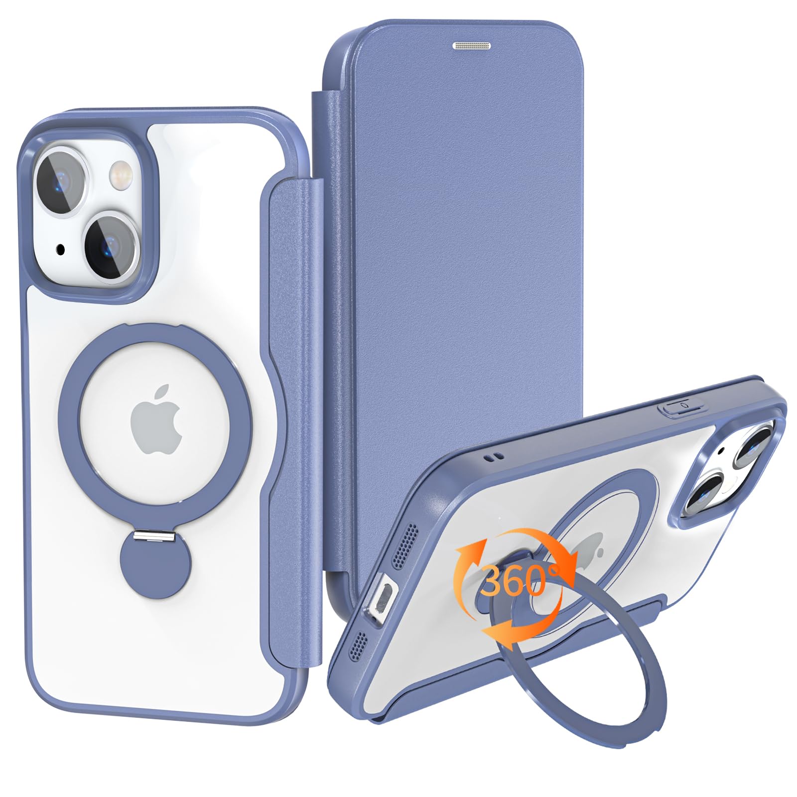 【実用性が高い手帳型】 iPhone 15 Plus 用 ケース 手帳型 2枚カード収納 背面クリア 360度回転するMagSafeリングが超便利 軽い 薄型 耐衝撃 全面保護 縦横両対応 レザー素材 マグセーフ対応 おしゃれ 青