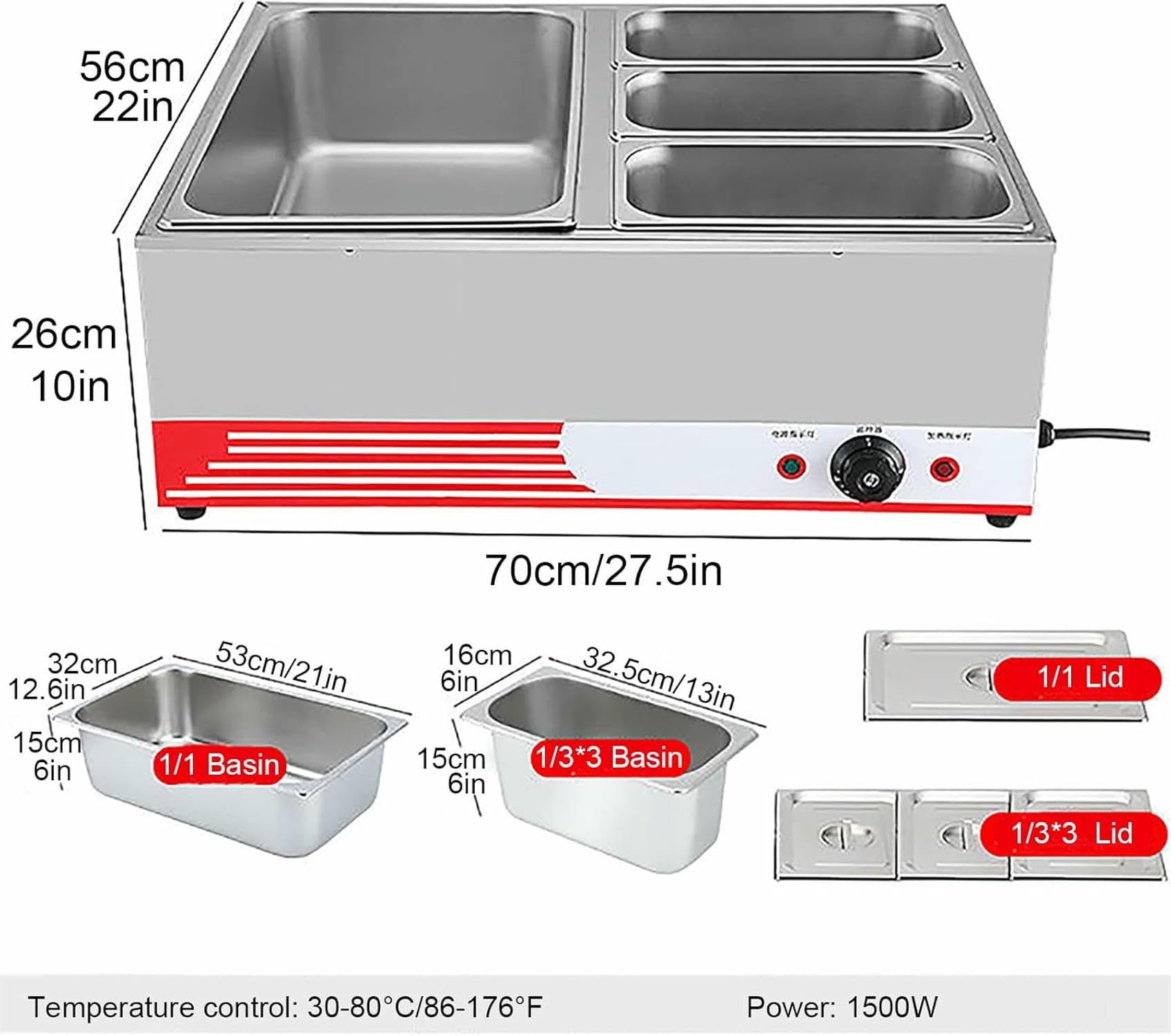 Buffet Elettrico in Acciaio Inox per Riscaldamento a Piattaforma, Controllo della Temperatura, Ideale per ristoranti, Catering, Mense, Vacanze in casa e Hotel.,4 Pan-b