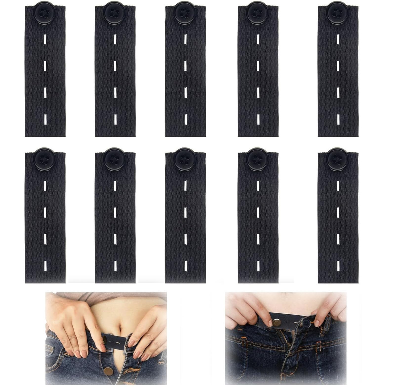 Jcuqgdoo Women's Black 10 Pcs Adjustable Waist Extender, Button Extender For Trousers, Waist Extenders For Trousers, Elastic Button Extenders Pants Waists Extension For Jeans Pants Slacks Pregnant Trouser