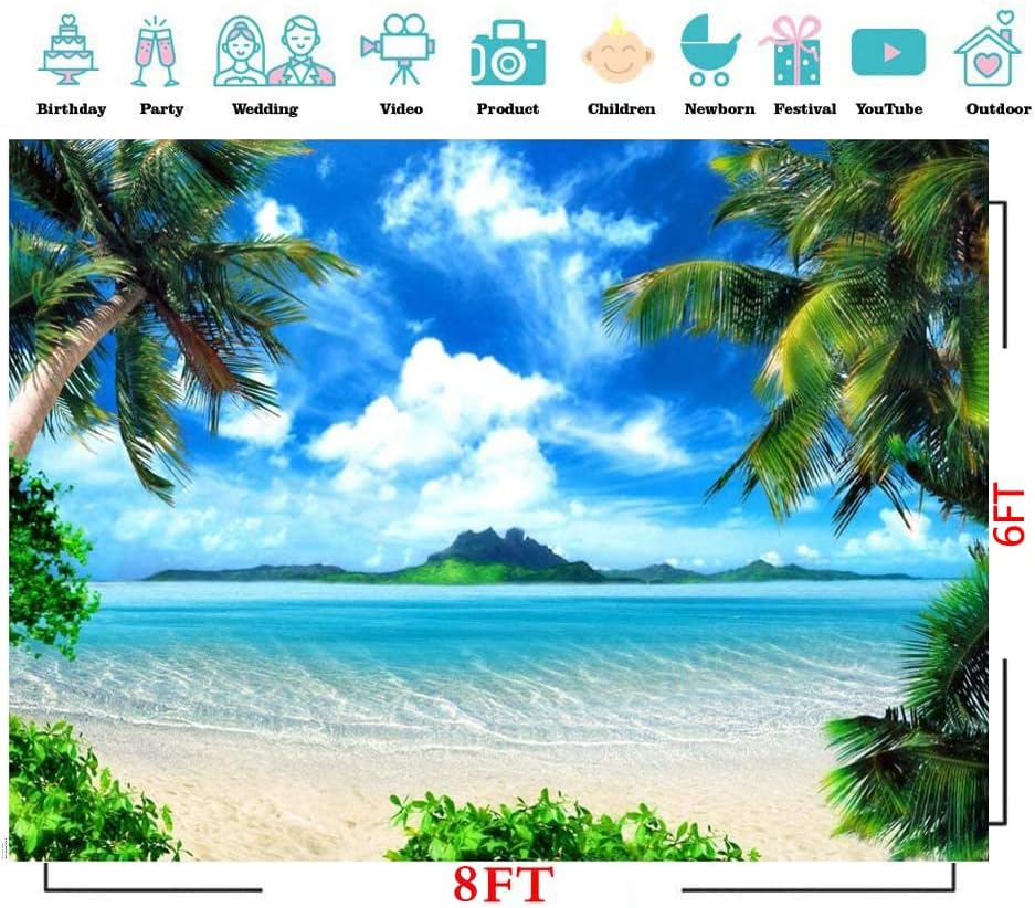 Miniatura 5 de CYLYH Foto temática de playa de verano de 8 x 6 pies, océano hawaiano, cielo azul, playa, palmeras tropicales, Luau, decoración de fiesta de