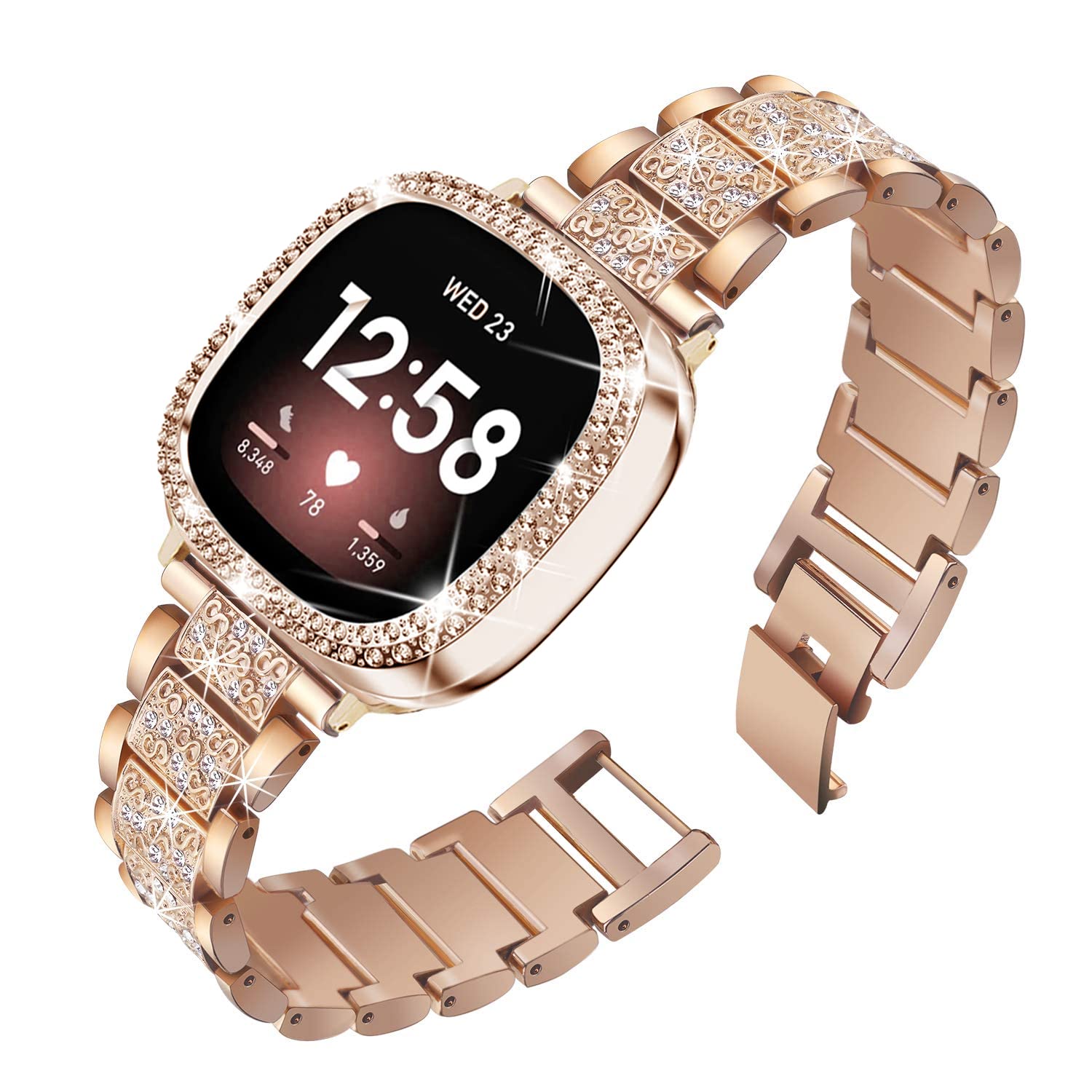 Compatible with Fitbit Versa 4/Sense 2 with Case Women, Jewelry Replacement Metal Wristband Strap with Bling PC Protective Cover for Fitbit Versa 3/