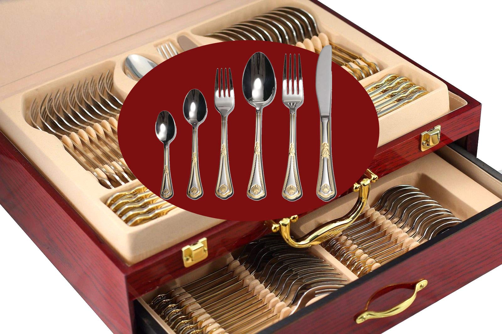 Venezia Collection Gold Flatware Serving Set for 12, 75-Pc Luxury Dining Silverware Cutlery Service, 24 Kt 18/10 Premium Surgical Stainless Steel Hostess Set in a Wooden Storage Case Chest (Miami)