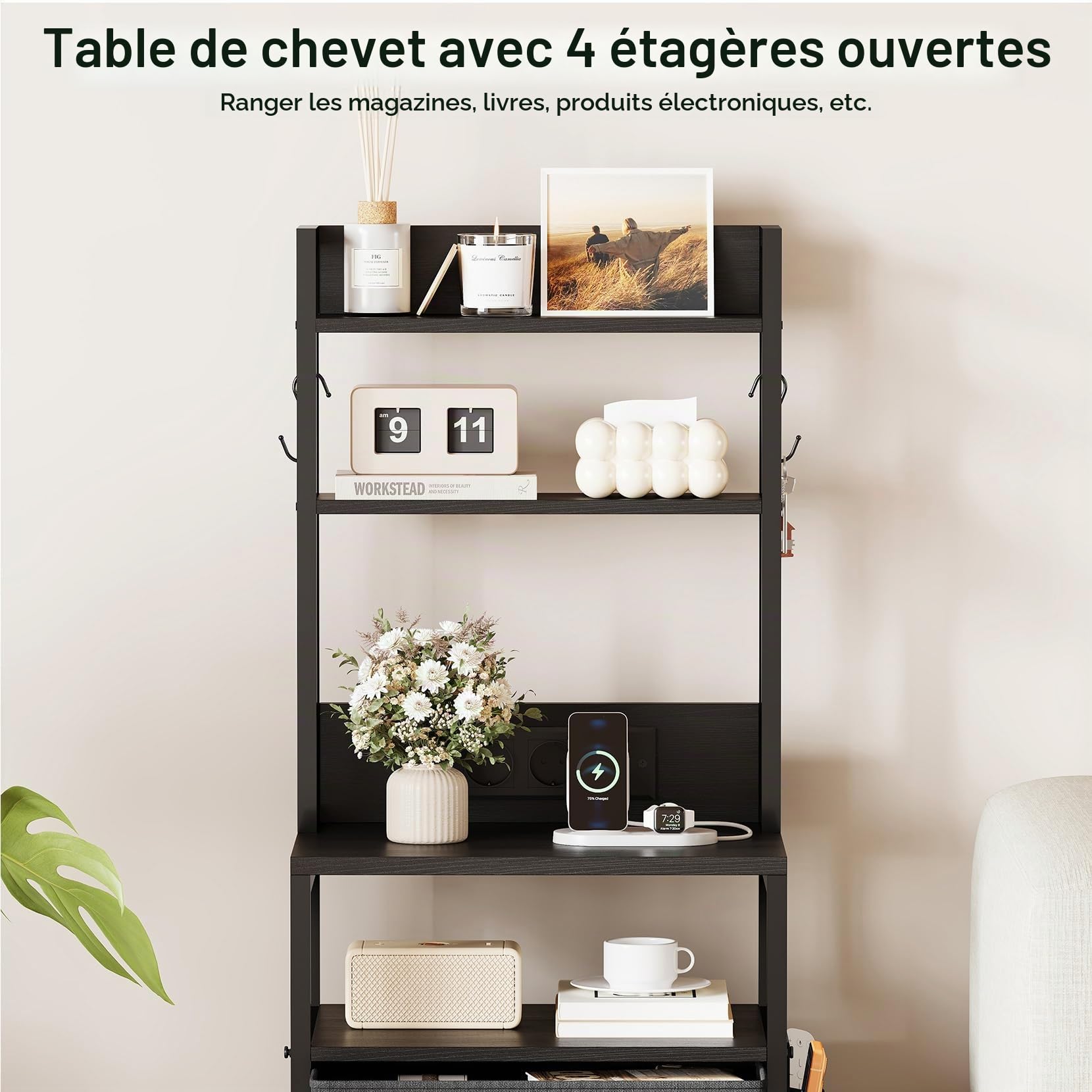 Dripex Table de chevet noire avec recharge et LED, 3 tiroirs, compartiment ouvert
