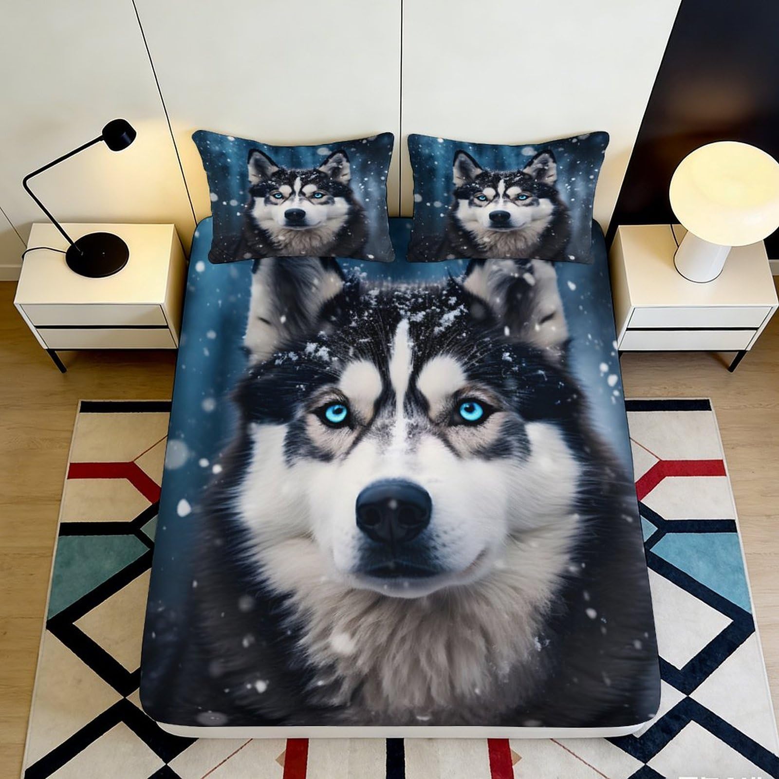 3D Printed Husky Wolf Fitted Sheet Microfiber Soft Breathable Snowfall Bed Cover for Bedroom Dormitory Guest Room Mattress Protection Decor 160x200x25cm