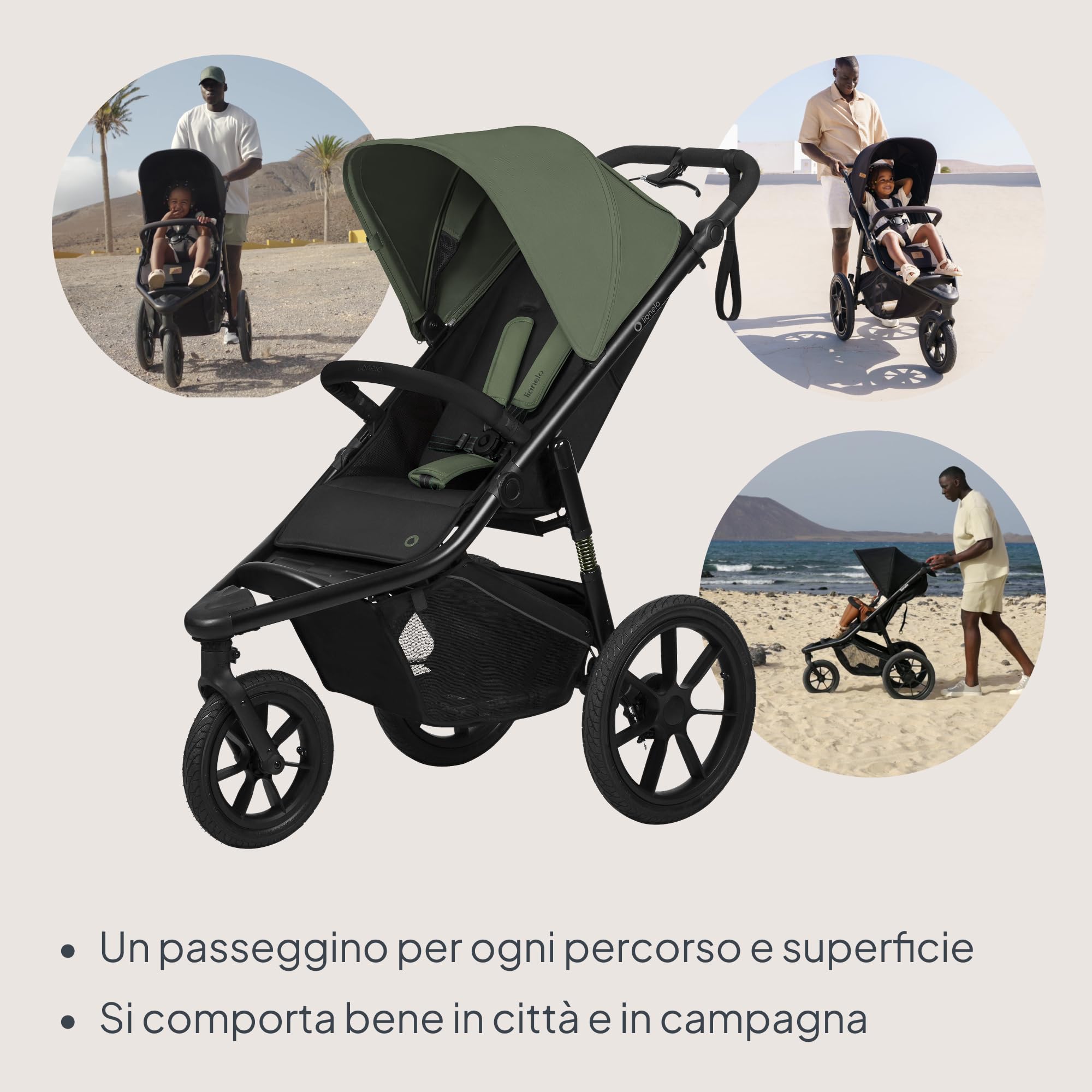 LIONELO AZURA Passeggino compatto da 6 mesi a 22 kg Passeggino a Tre Ruote, Schienale Regolabile Completamente Reclinabile Grandi Ruote Gonfiabili Sospensione Completa Cappottina XXL