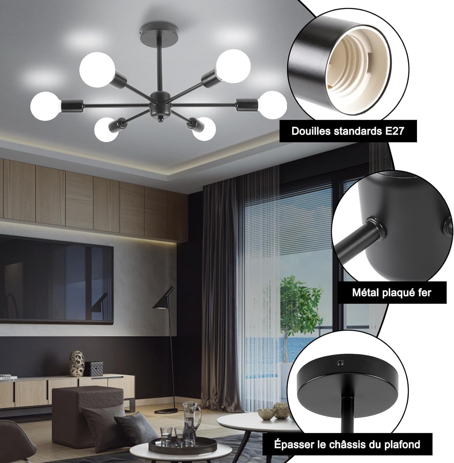 Living Room Chandelier, Black and Gold Chandelier, Compatible with Bedroom, Living Room, Corridor, Kitchen