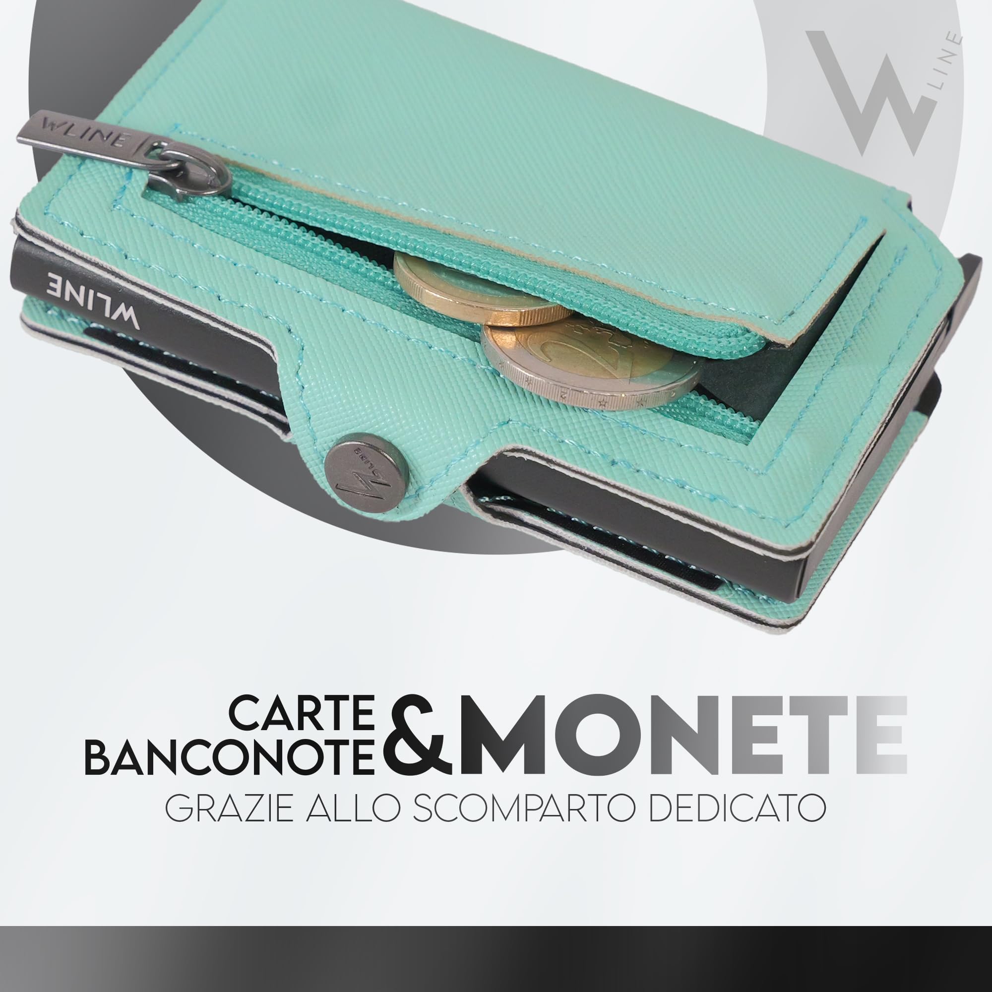 WLine Portafoglio Donna Piccolo con Portamonete Rfid Compatto ed Elegante - Porta Carte di Credito Donna e Uomo Schermato in Pelle PU - Portatessere Tascabile (Turchese e Nero Saffiano, Con Zip)