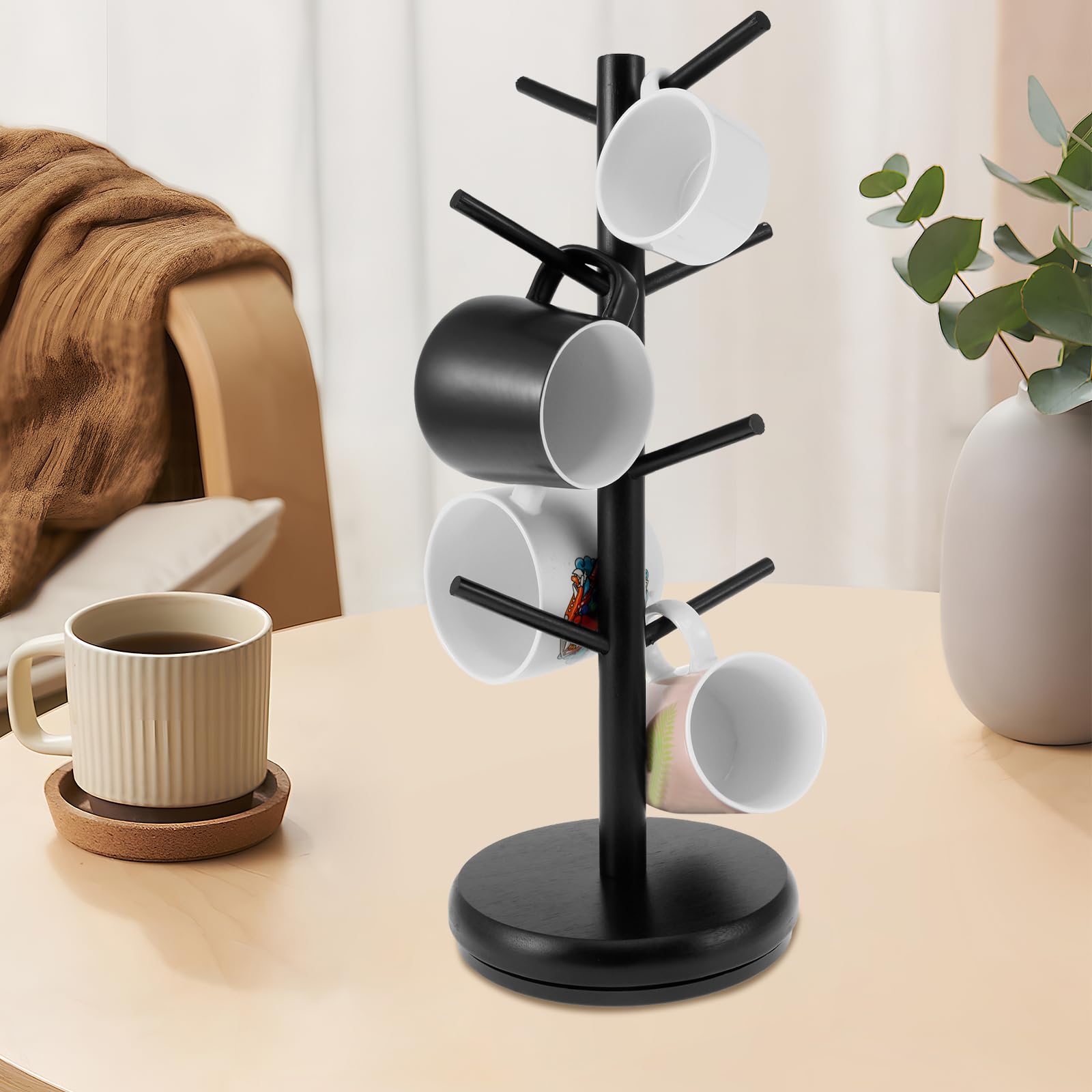 Foribyw Black 360° Rotating Coffee Mug Holder, Wooden Mug Tree Stand With 8 Hooks And Thicker Base, Coffee Cup Stand Storage Rack For Kitchen Counter Cabinet Cafe Bar
