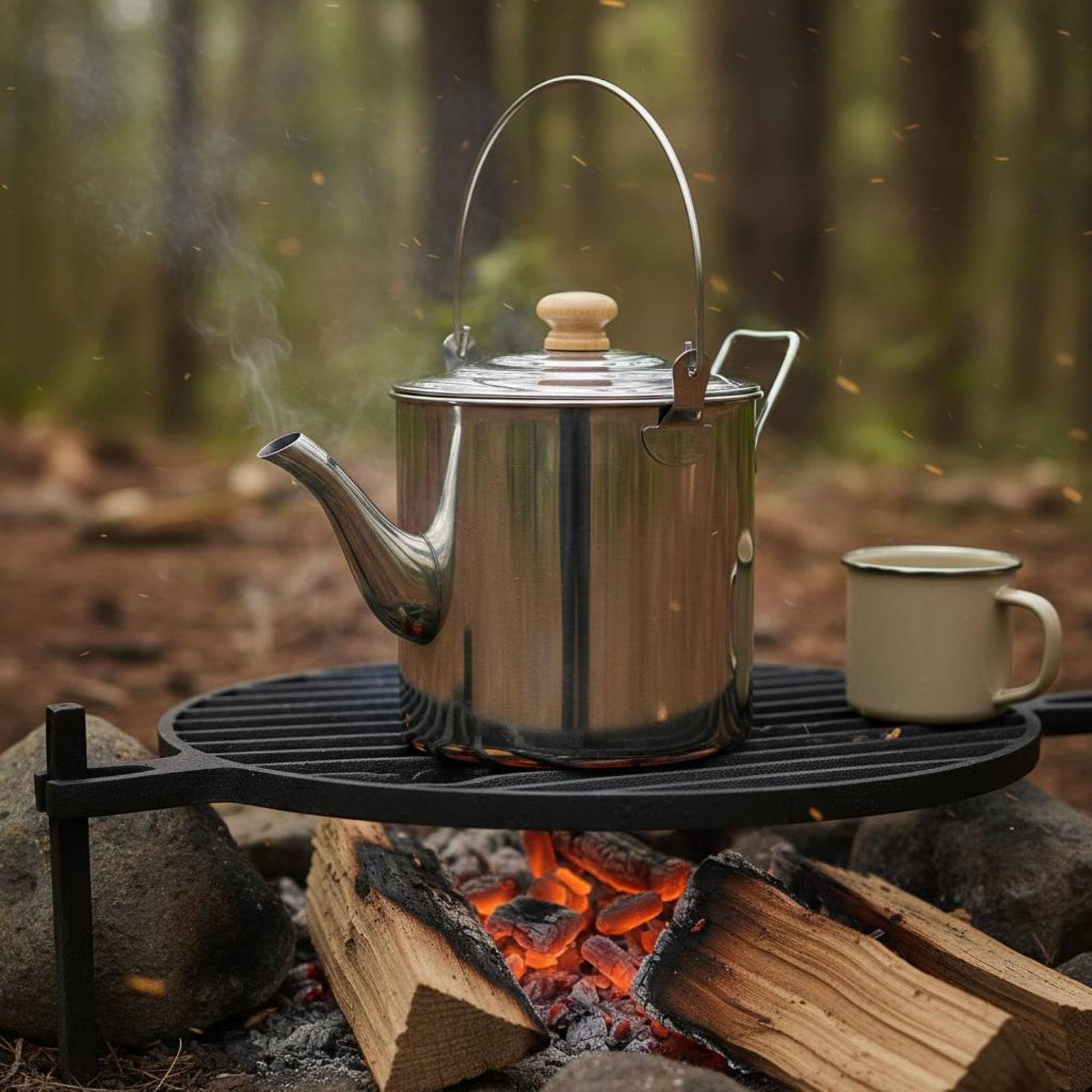 Gralara Tetera de Camping Tetera Hervidor Olla Cafetera con Cuerpo de Acero Inoxidable y Perilla de Madera Antitérmica Largo Que Evita Buena Retención de, 3L