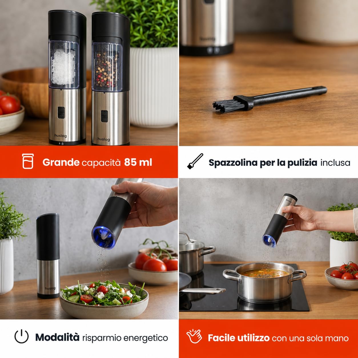Set Macina Sale e Pepe Elettrico Gravity, Macinatura Automatica, Grossolanità Regolabile, Contenitore Spezie 85 ml, a Batteria, Uso con una Mano, Risparmio Energetico, Acciaio Inox, Argento