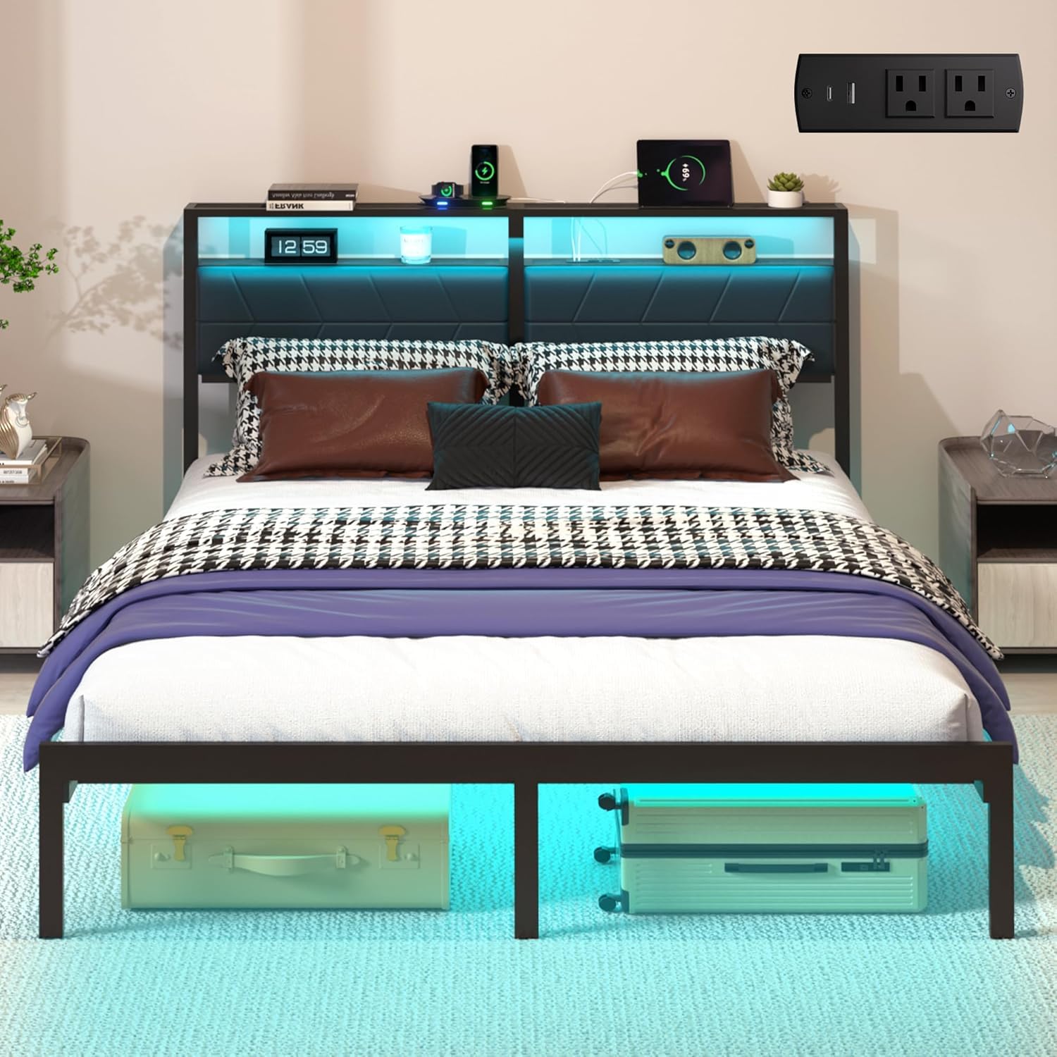 Photo 1 of J.Fkne Full Bed Frame with LED Lights & Charging Station, Metal Platform Bed Frame with 2 Tier Storage Headboard, Under Bed Storage, No Box Spring Needed, Noise Free, Easy Assembly