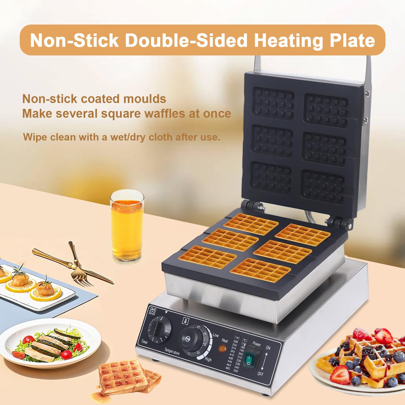 Waflera De Acero Inoxidable De Alta Resistencia | Placas De Calentamiento Dobles Comerciales con Control Giratorio | Ideal para Catering, Hoteles, Desayunos Y Postres Caseros,2-Slice