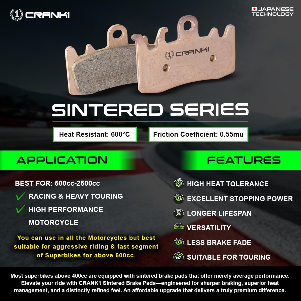 CRANK ONE Sintered Brake Pads Compatible For Kawasaki Ninja ZX-10R