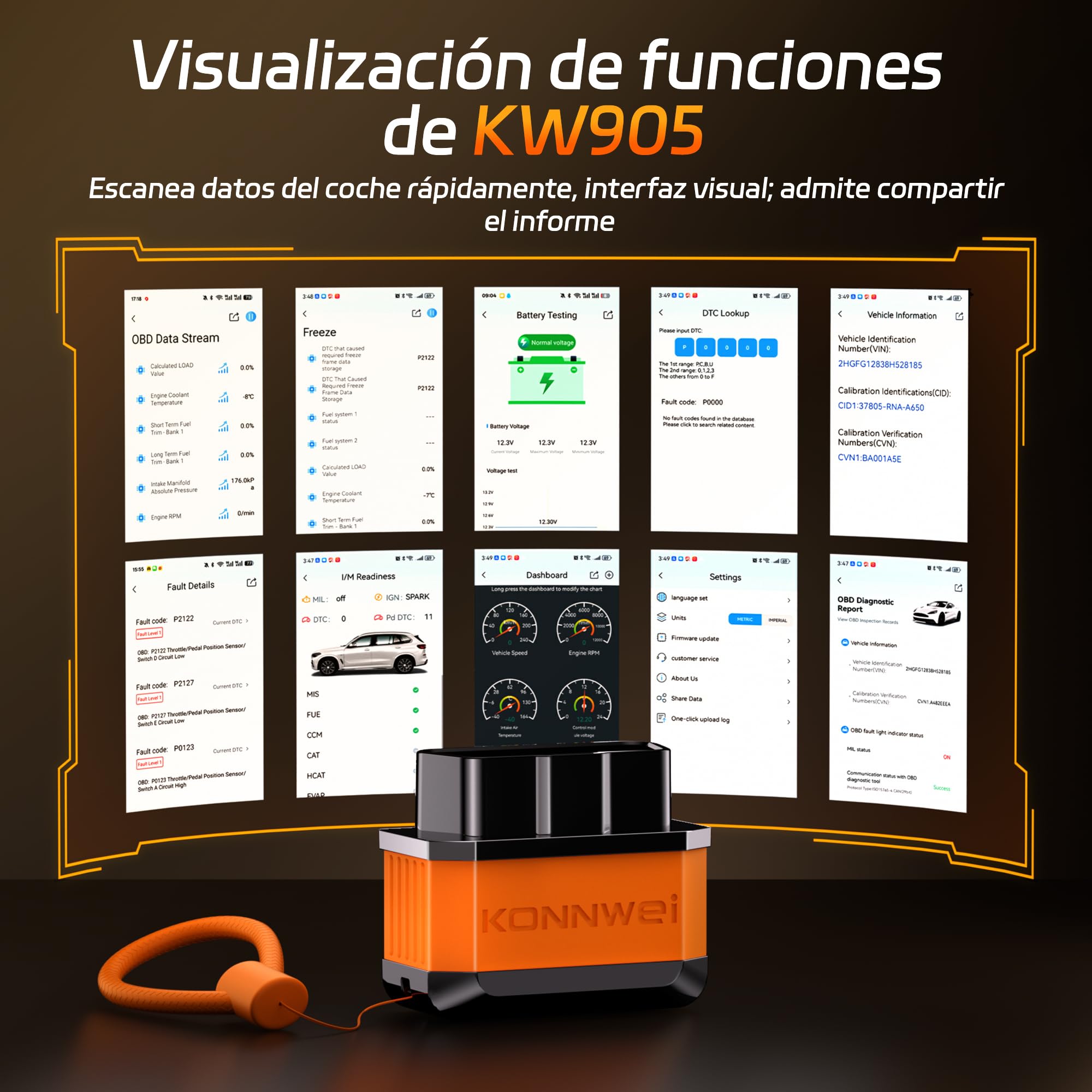 KONNWEI Dispositivo de Diagnóstico OBD2 Bluetooth, Lector y Escáner Inalámbrico de Códigos de Diagnóstico para Todos los Vehículos - Herramientas de Diagnóstico OBD-II para iOS, Android y Windows