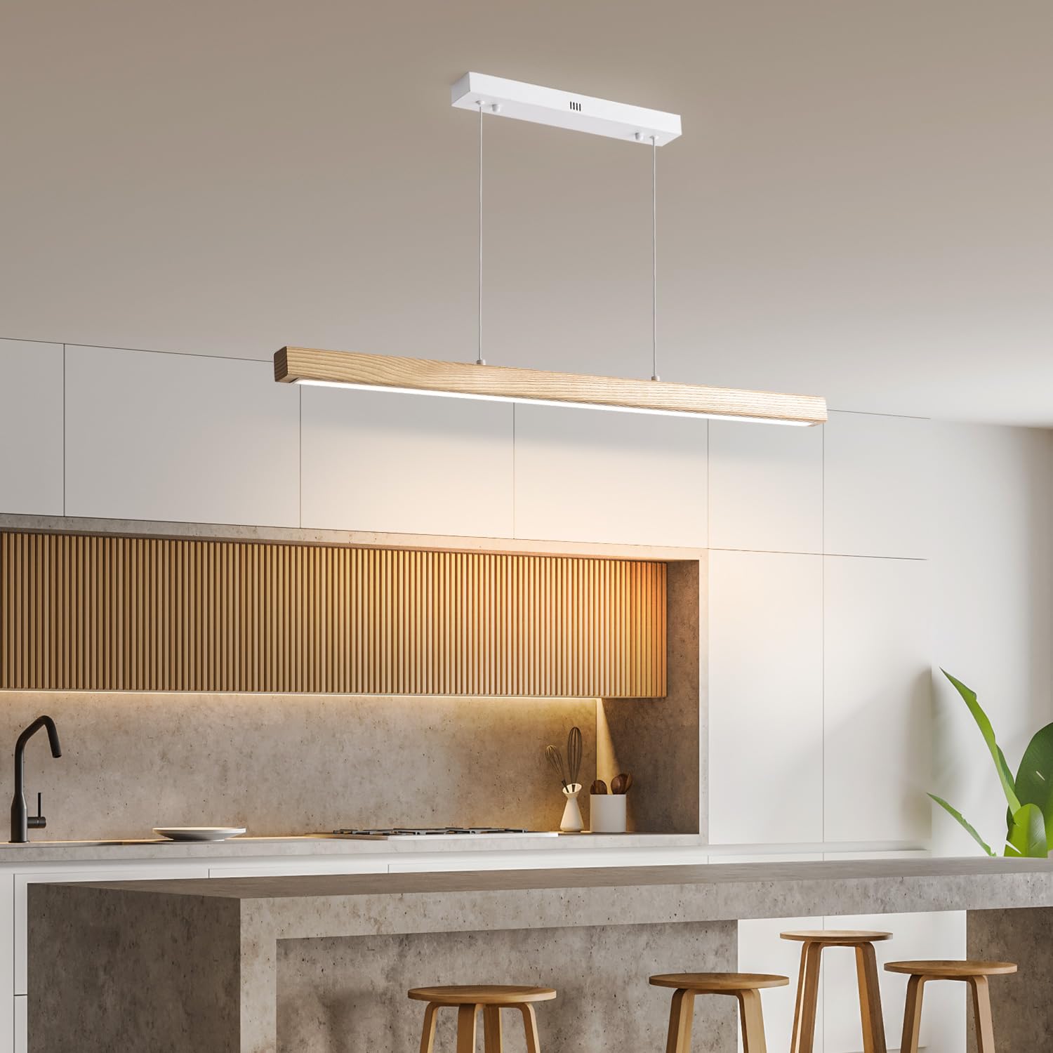 LED Madera Lámpara Colgante Mesa de Comedor, Cocina, Luz Colgante Regulable Interiore Control Remoto y App Diseño Moderno, Ajustable Temperatura de Color, Brillo, Altura,L100CM/36W